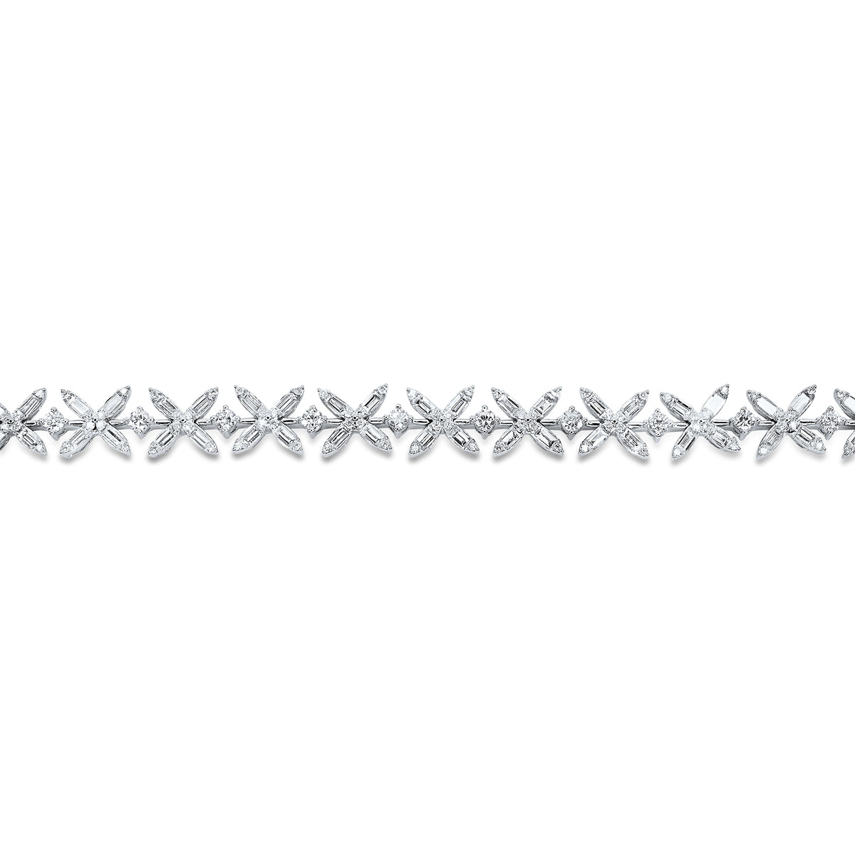 18K gold petite baguette and round diamond floral bracelet featuring 4.78 carats of baguette diamonds.