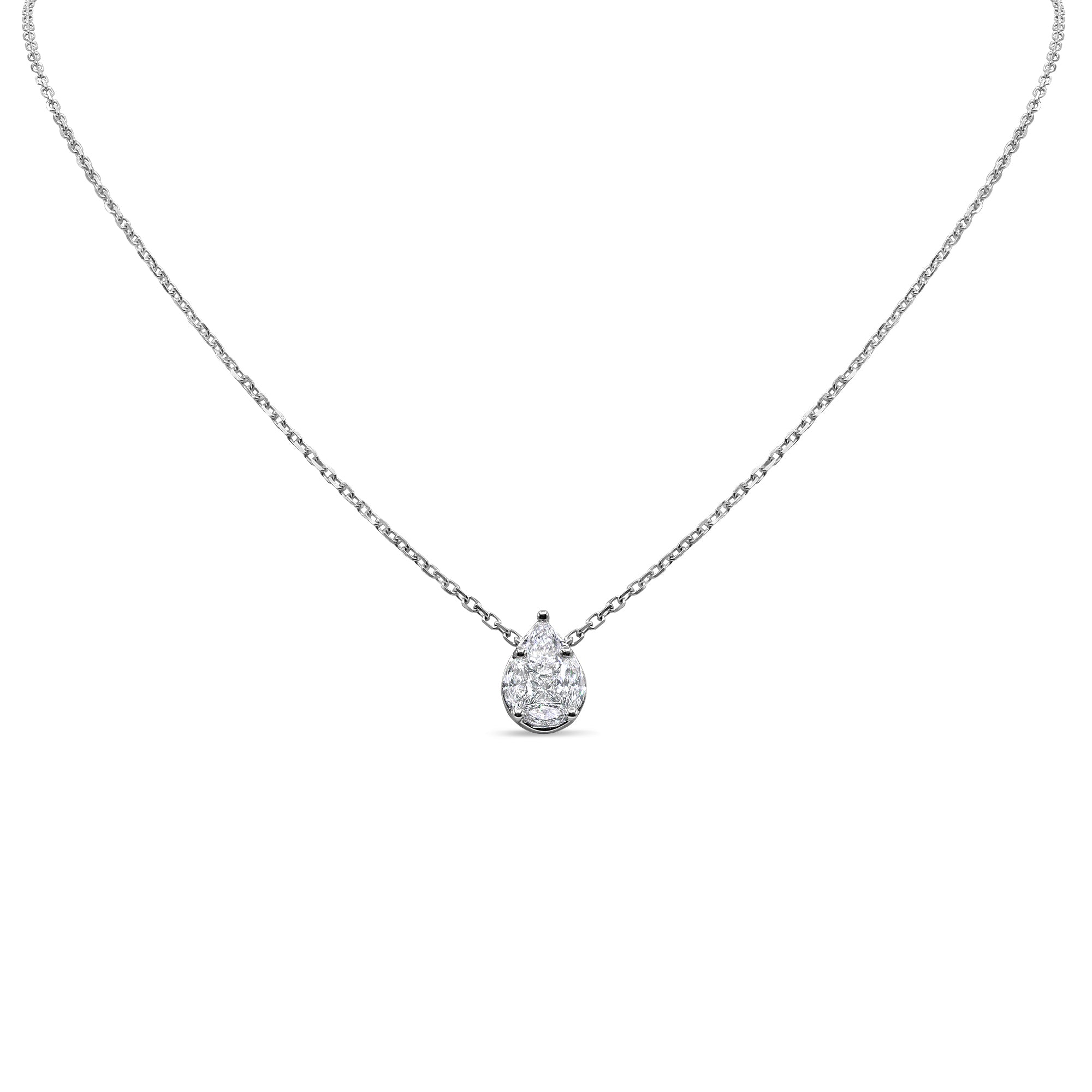 Floating cluster diamond pendant in 14K white gold featuring pear, marquise, and princess cut diamonds in a modern, elegant design.