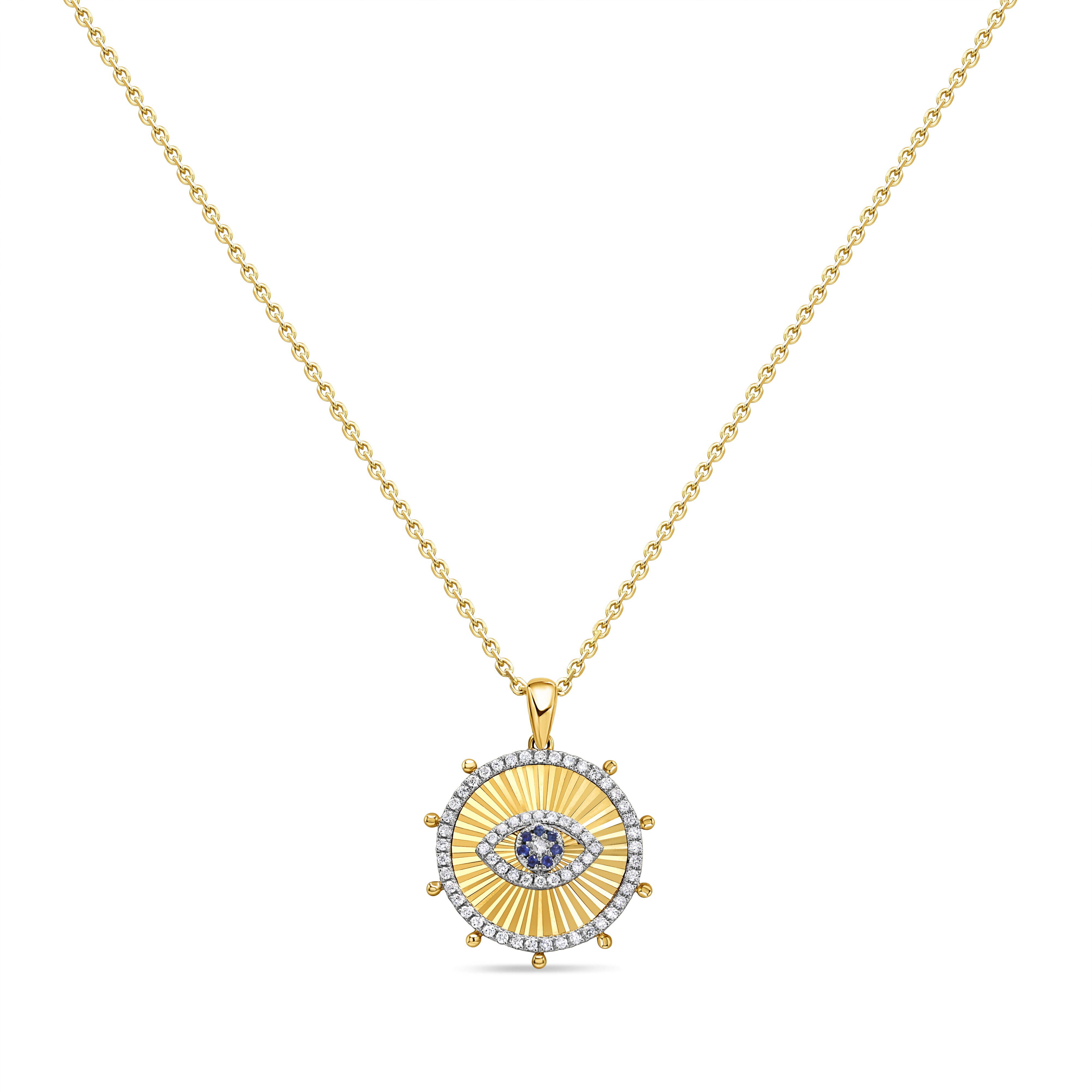 Diamond and blue sapphire evil eye pendant in 14K gold featuring pavé-set round diamonds and sapphire accents in a refined, symbolic design.