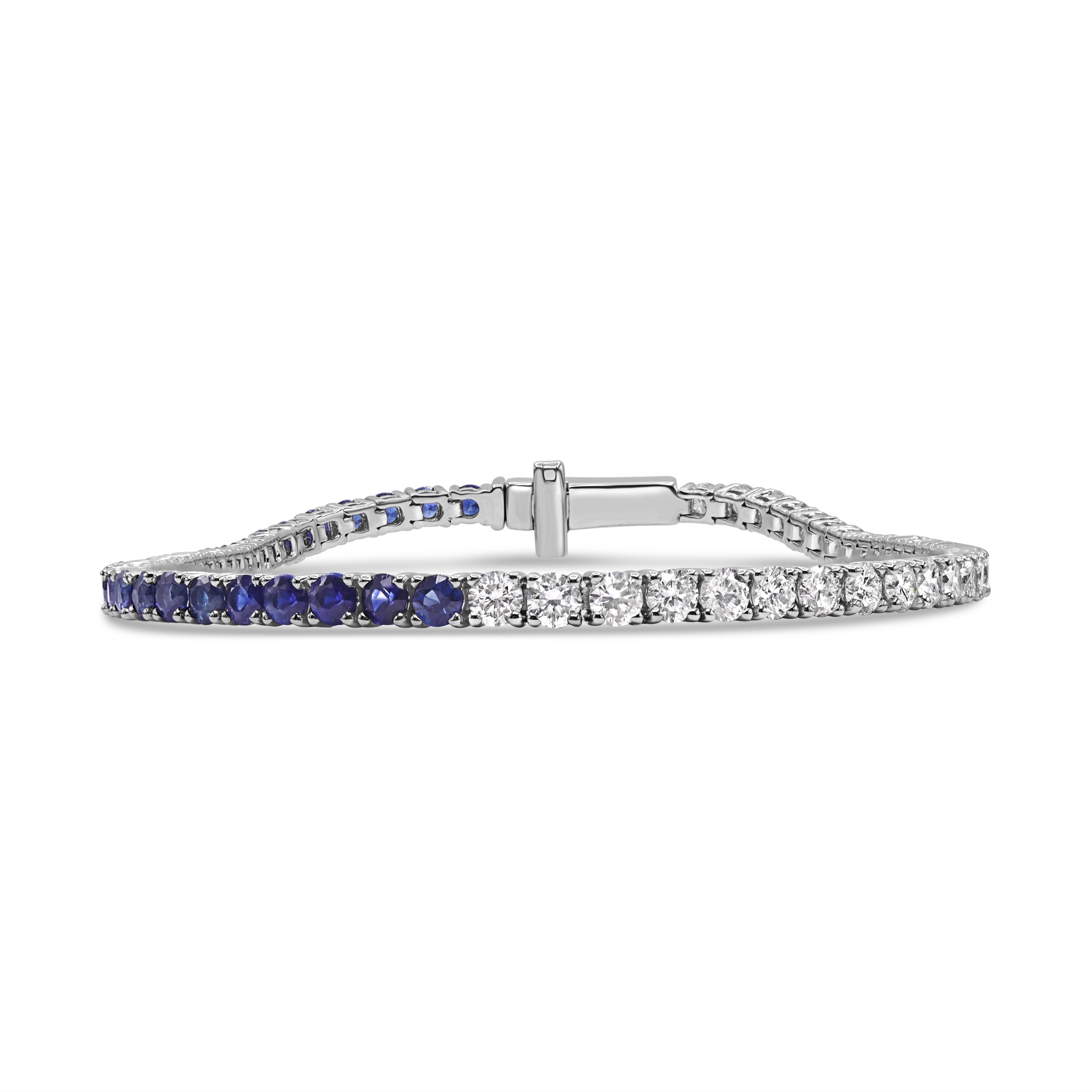 14K gold tennis bracelet featuring round brilliant diamonds and vibrant blue sapphires in a modern half-and-half design.