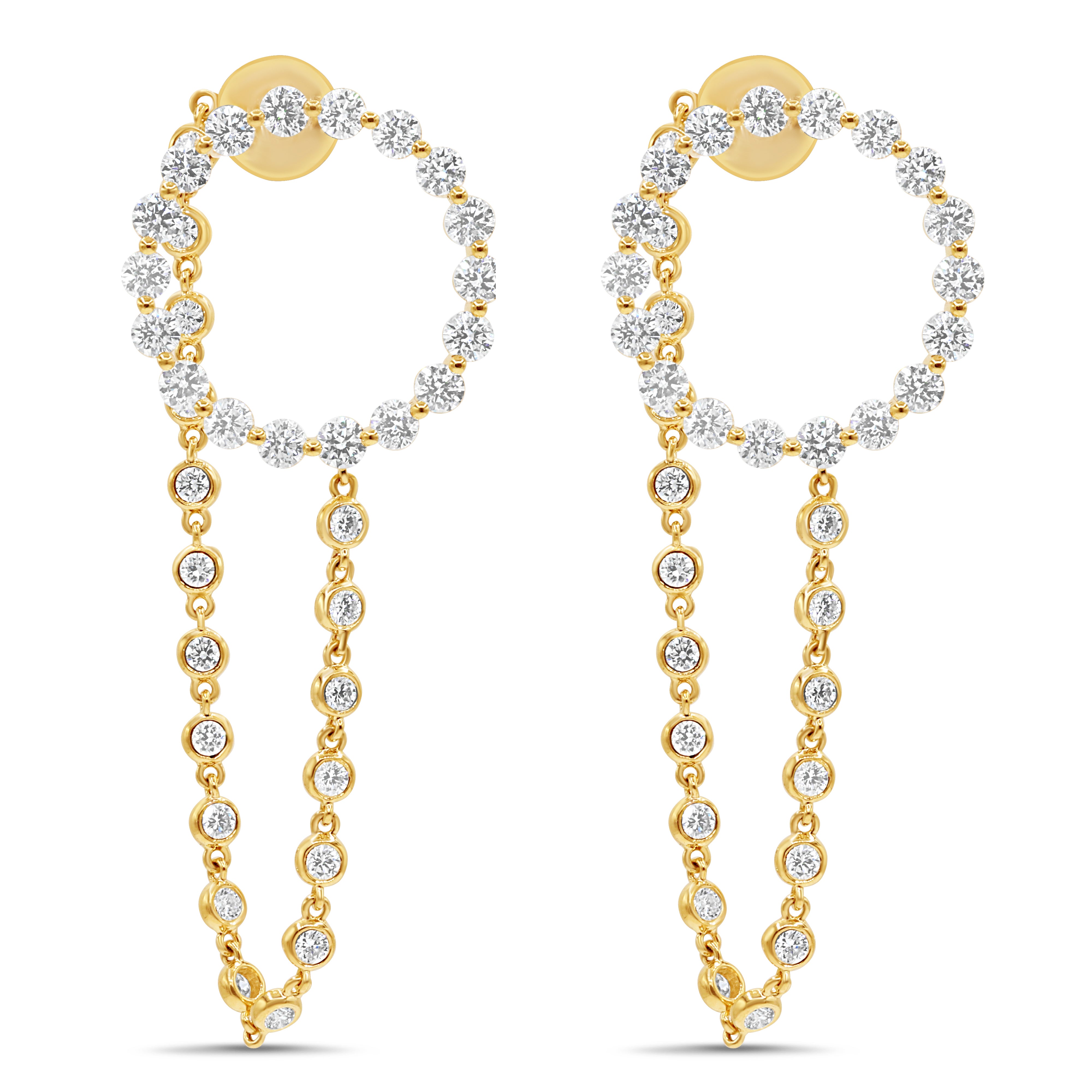 Diamond chain link earrings in 18K gold featuring round brilliant diamonds with cascading diamond circle and chain details.
