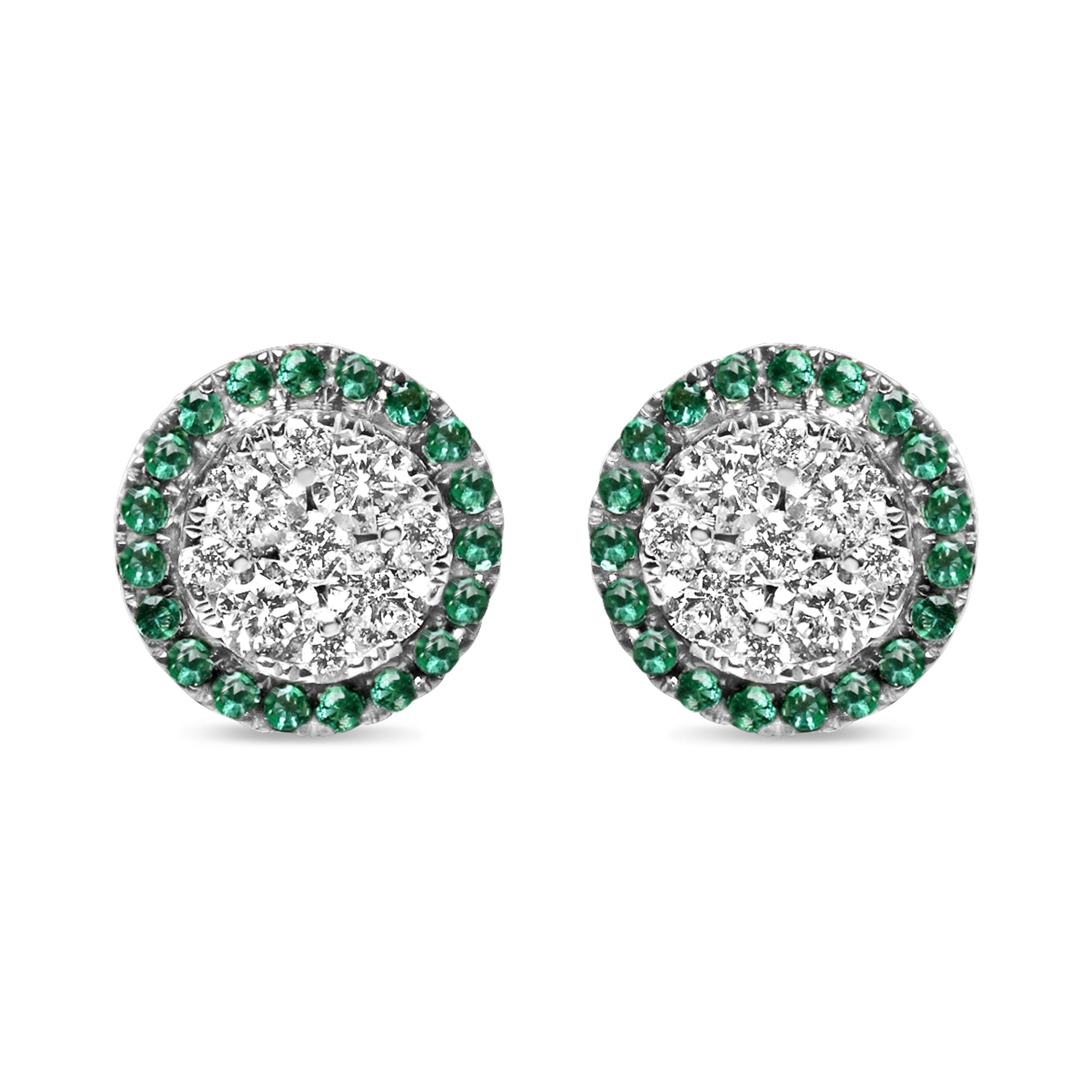 14K white gold cluster earrings featuring round diamonds and green emeralds in an elegant design.