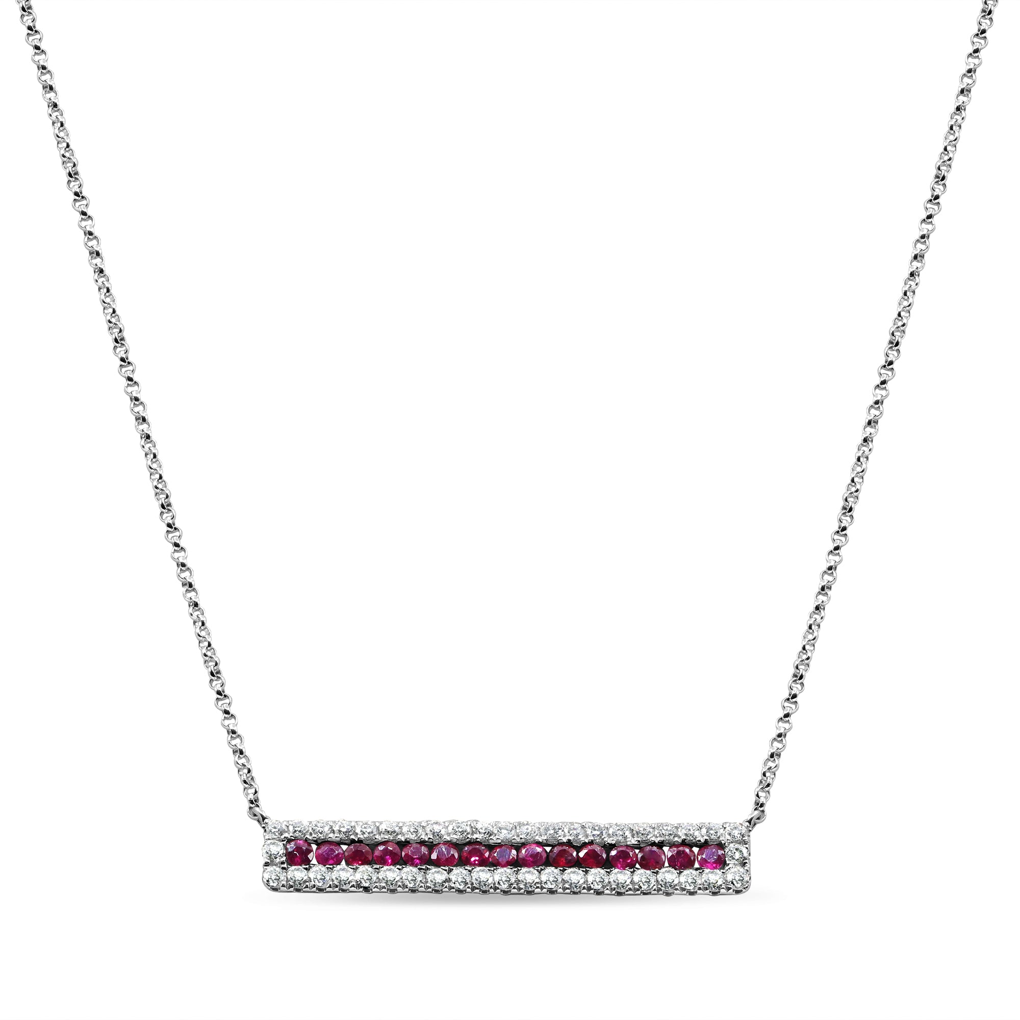 Diamond and ruby bar necklace in 14K gold featuring round diamonds and rubies in a modern horizontal bar design.