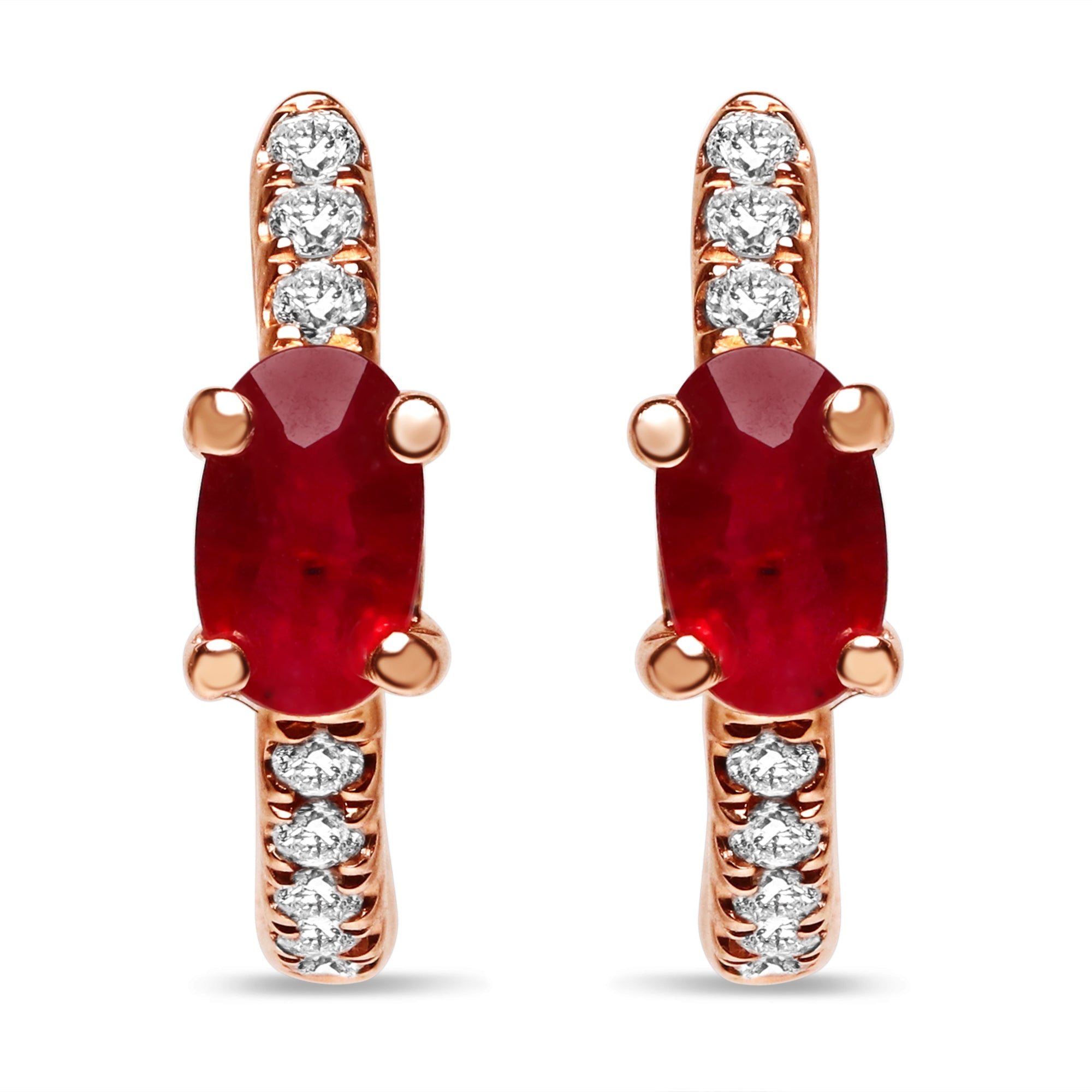 14K rose gold huggie earrings featuring round diamonds and two ruby gemstones in a modern, elegant design.