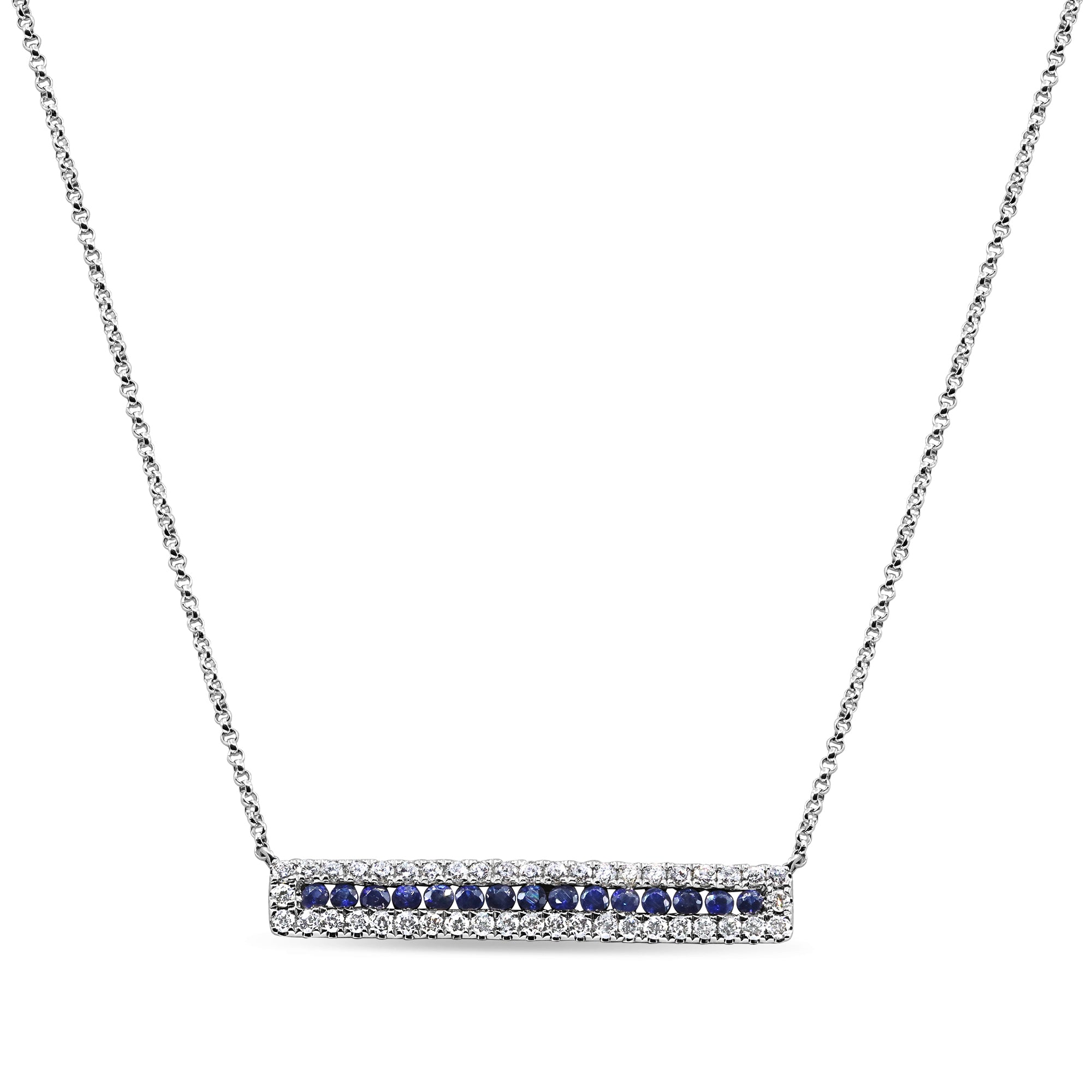 Diamond and sapphire bar necklace in 14K gold featuring round diamonds and sapphires in a modern horizontal bar design.
