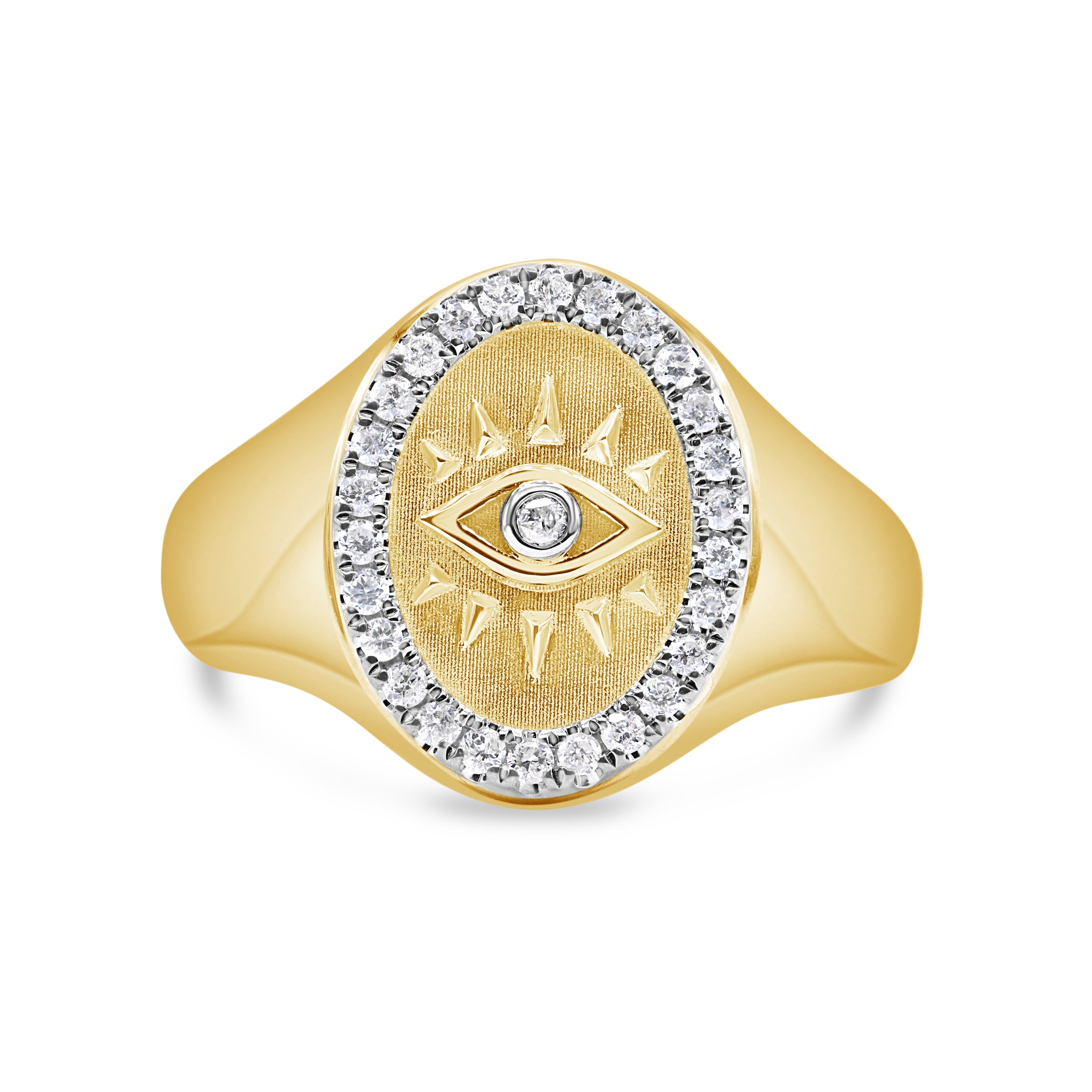 14K gold pinky ring featuring round brilliant diamonds in a modern eye-inspired design.