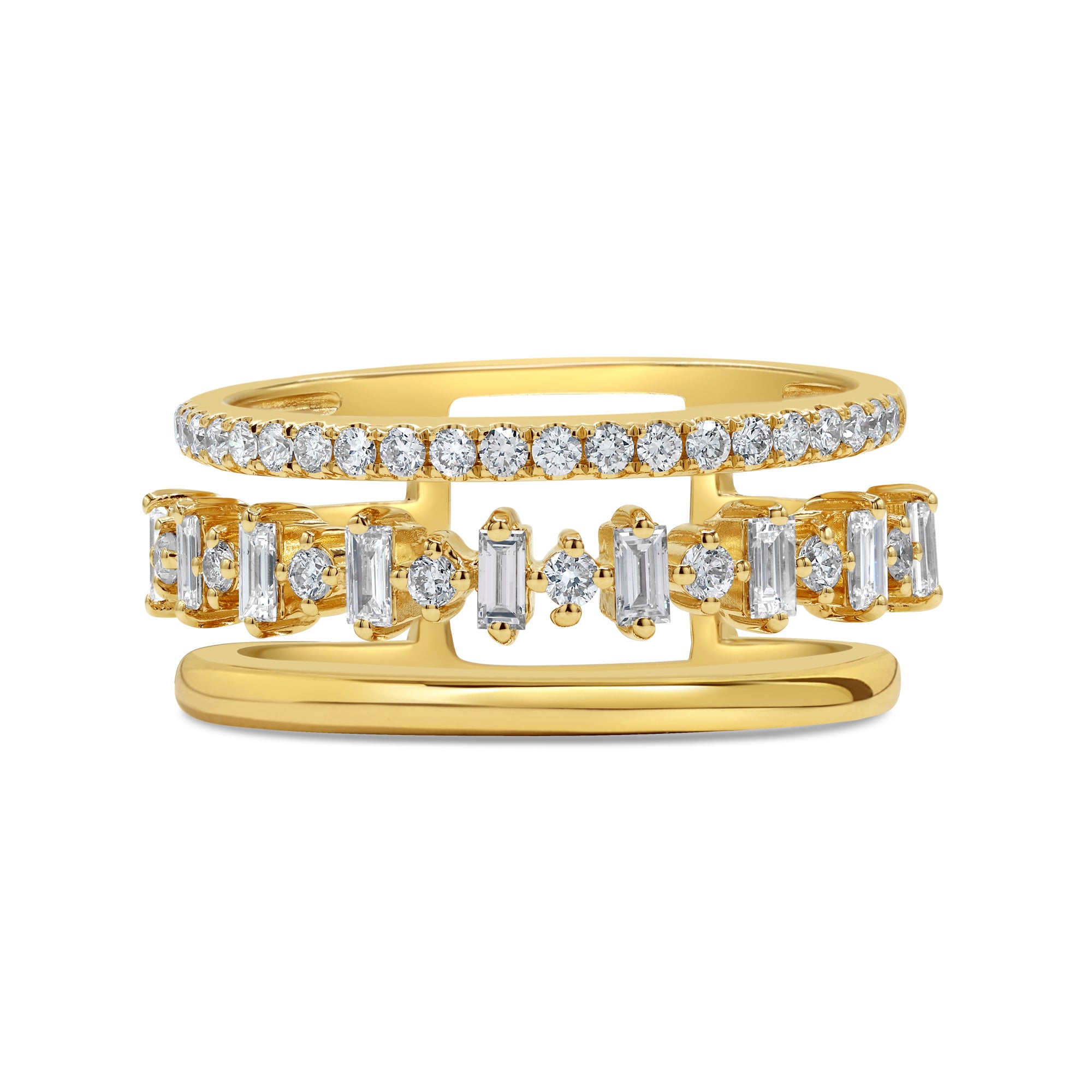 14K yellow gold ring featuring floating baguette and round diamonds in a unique double-band design.