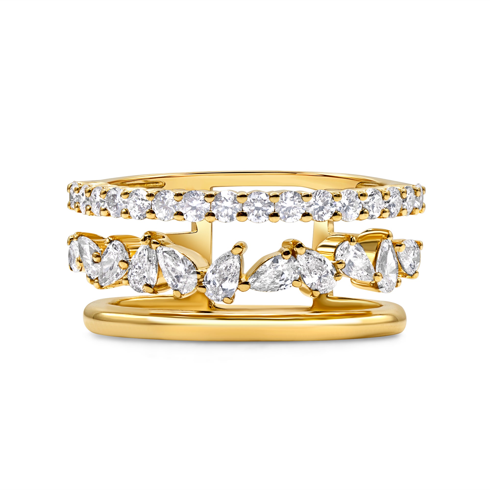 14K gold floating diamond ring featuring pear and round lab-grown diamonds in a modern multi-band design.