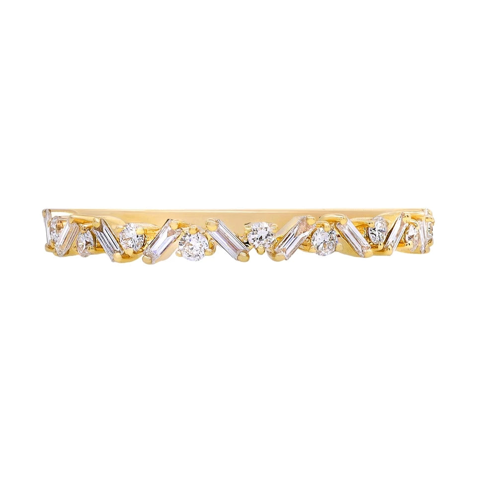 18K yellow gold diamond band featuring floating round and baguette diamonds with approximately 0.30 carats total weight.