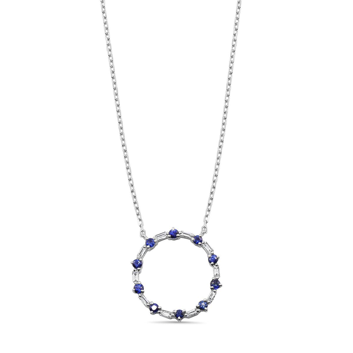 14K gold circle pendant featuring 10 blue sapphires and 10 baguette diamonds totaling 0.69 CTW.