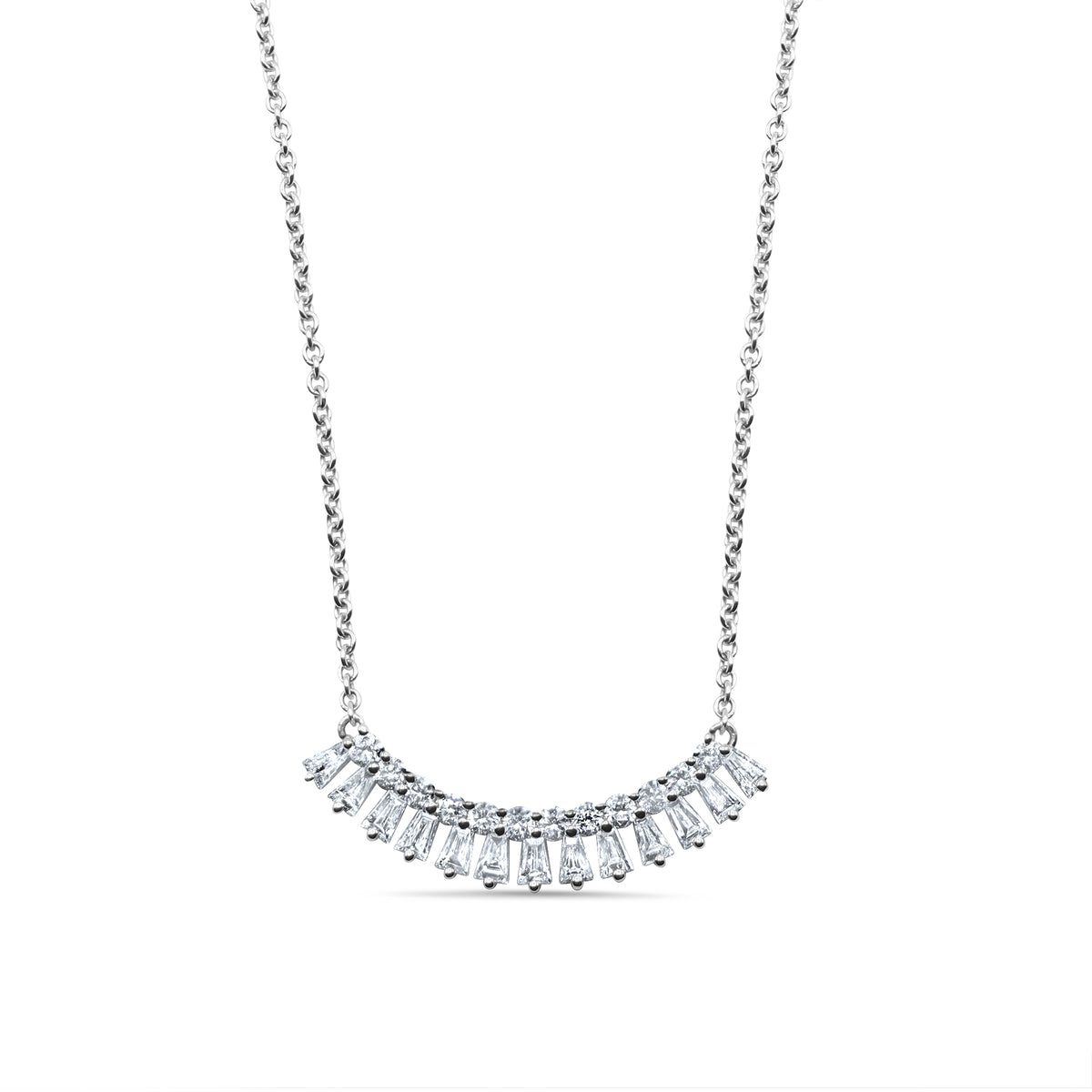 14K gold fan-shaped pendant necklace featuring 13 baguette and 12 round diamonds totaling 0.63 CTW on an 18-inch chain.