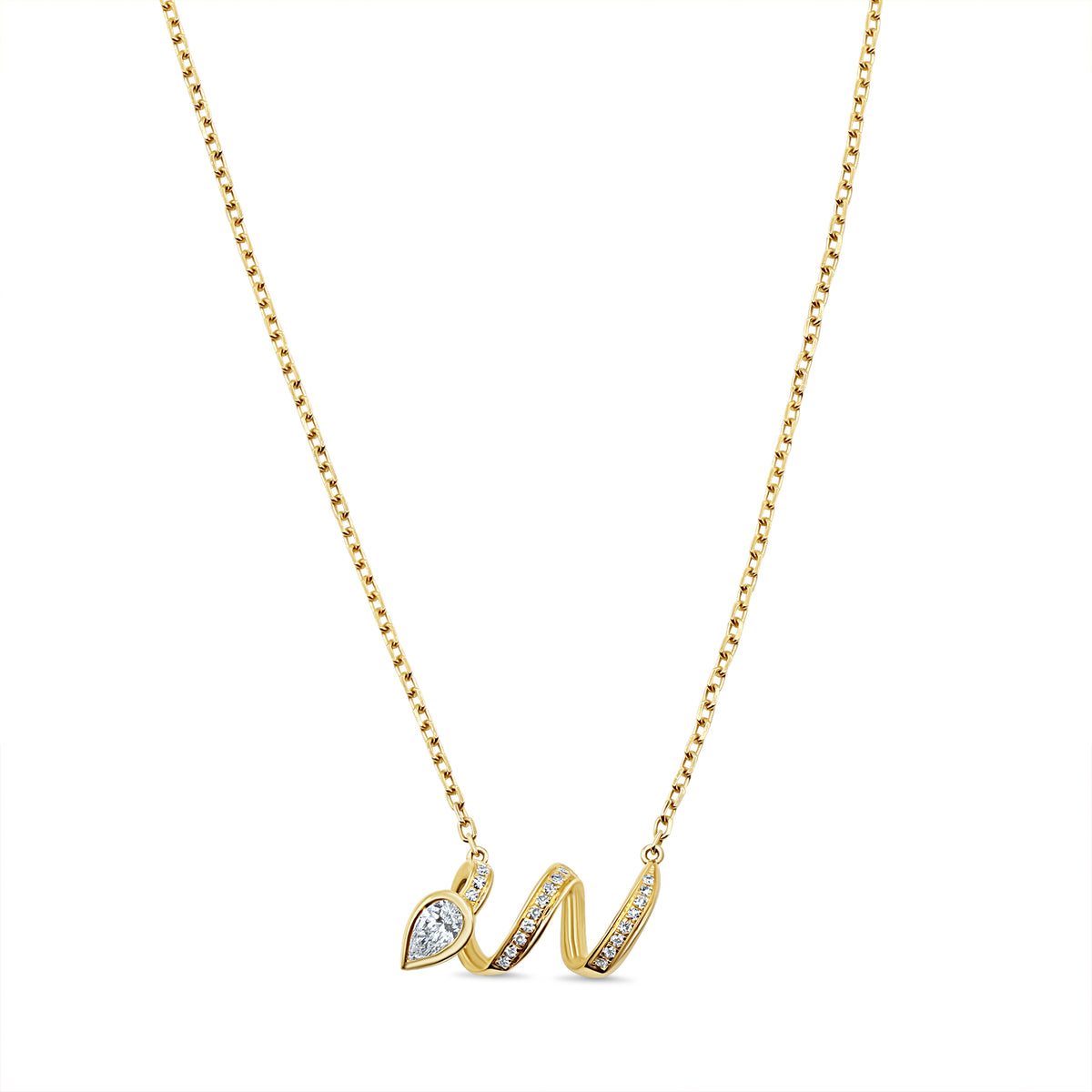 14K gold snake pendant necklace featuring a pear-shaped diamond and 20 round diamonds totaling 0.25 CTW on an 18-inch chain.