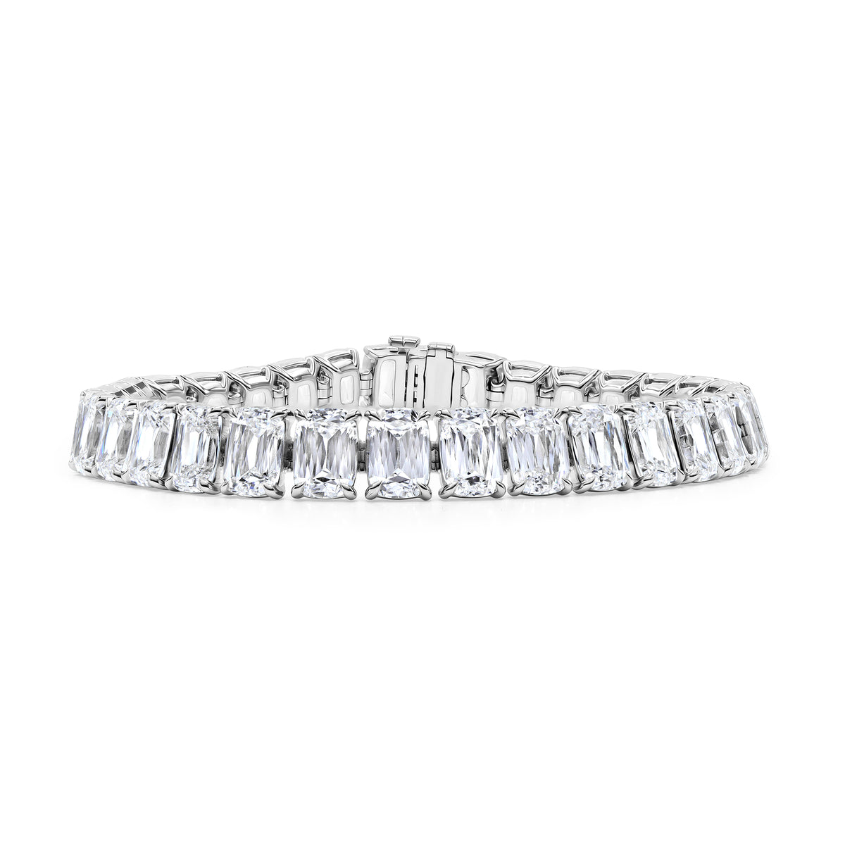 14K white gold lab grown diamond tennis bracelet featuring 34 old mine cushion cut E VS1 diamonds totaling 35.67 carats.