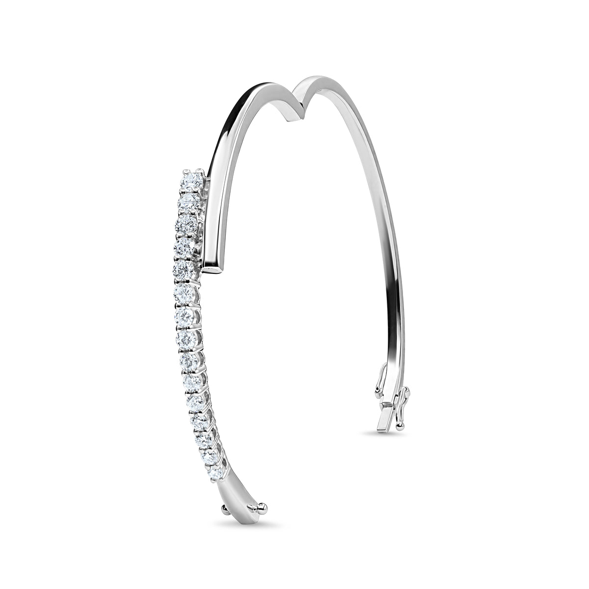 Prong-set round diamond bangle crafted in 14K white gold.