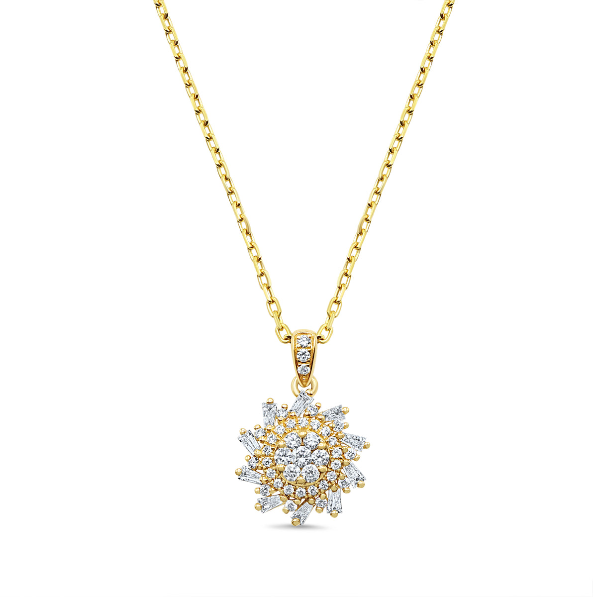 18K gold sun pendant necklace featuring 10 baguette diamonds and 38 round diamonds totaling 0.49 CTW in a radiant sunburst design.