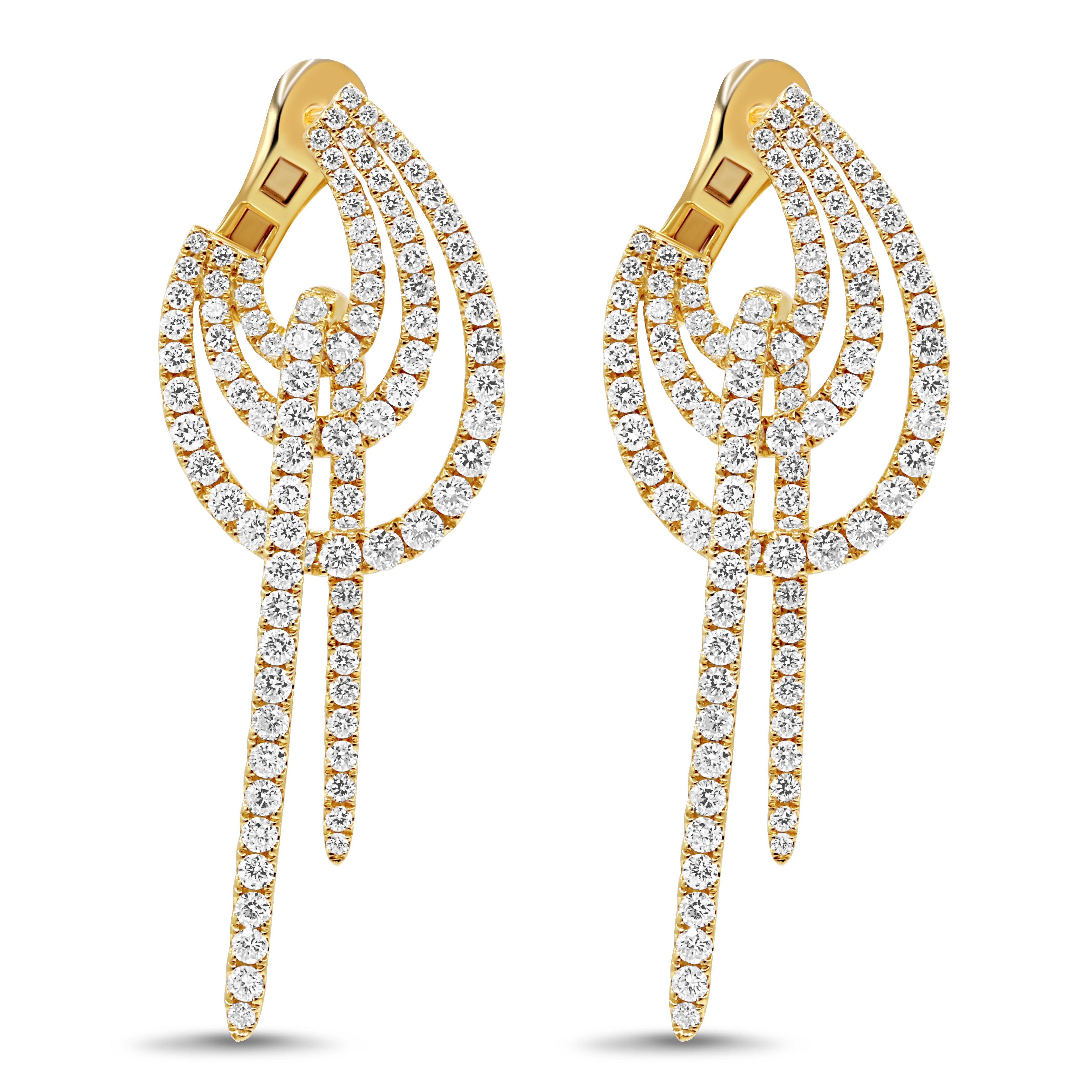 18K gold geometric dangle earrings featuring cascading layers of round brilliant diamonds in a statement design.