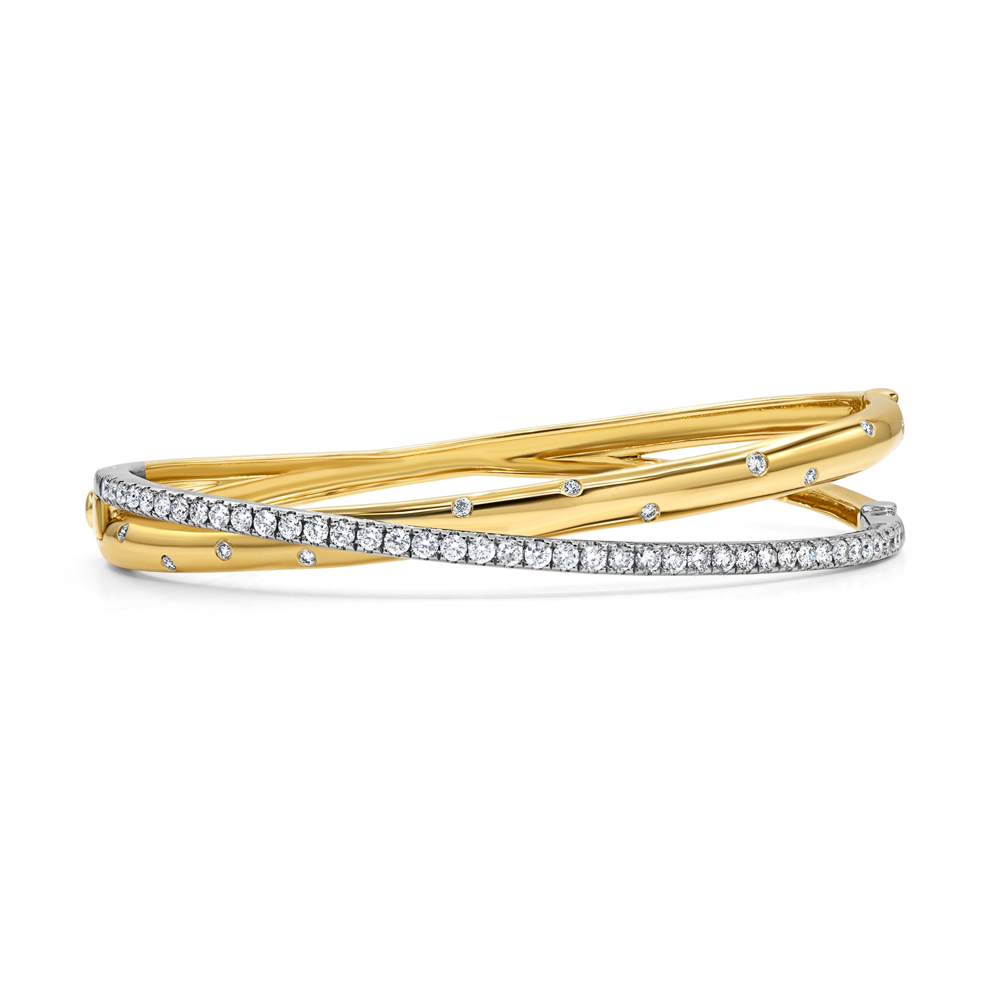 Elegant diamond bangle with a criss cross silhouette and sparkling round diamonds in 14K gold