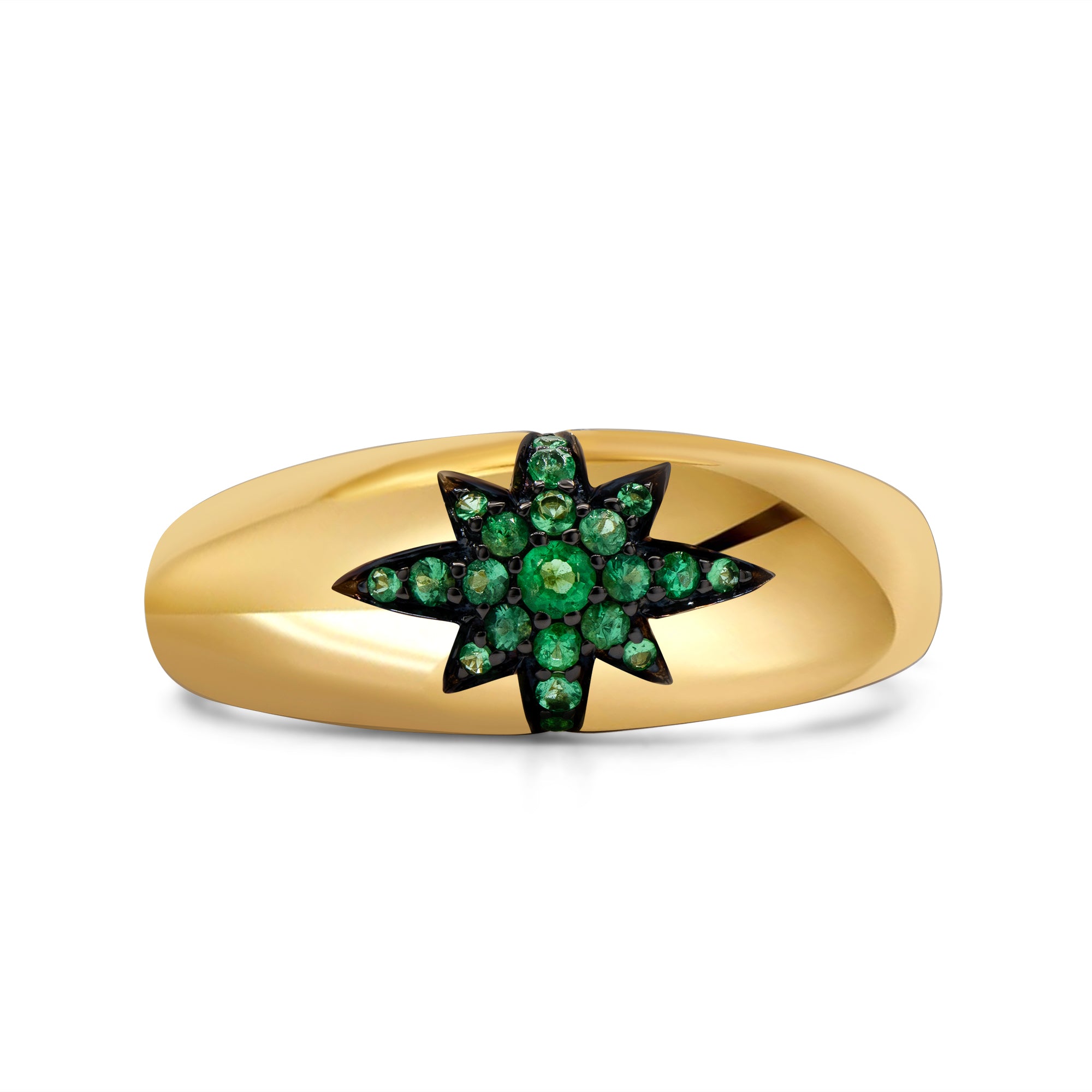 14K gold dome ring featuring a cluster of green emeralds in a bold firecracker-inspired design.