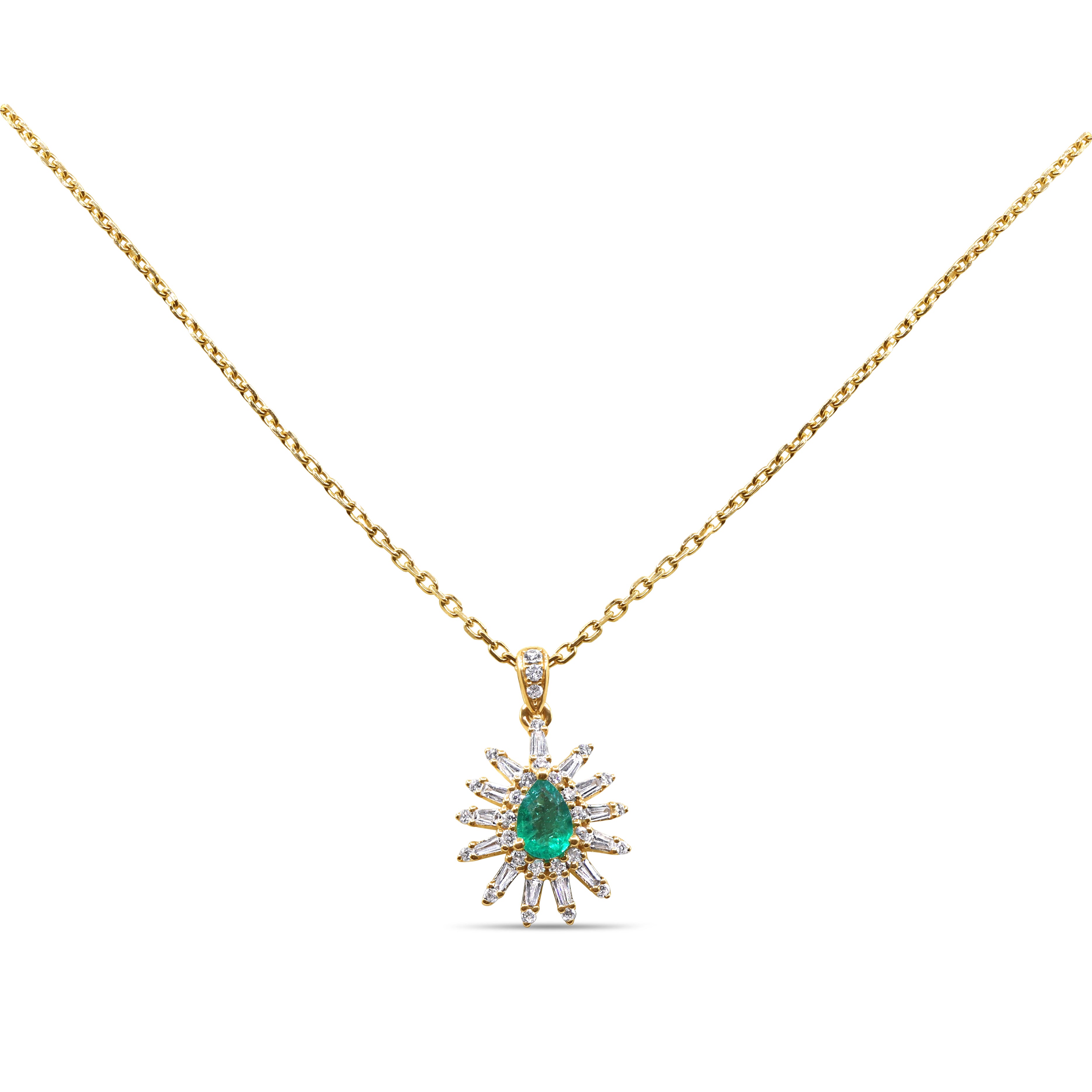 14K gold pendant featuring a natural green emerald with baguette and round brilliant diamond accents.