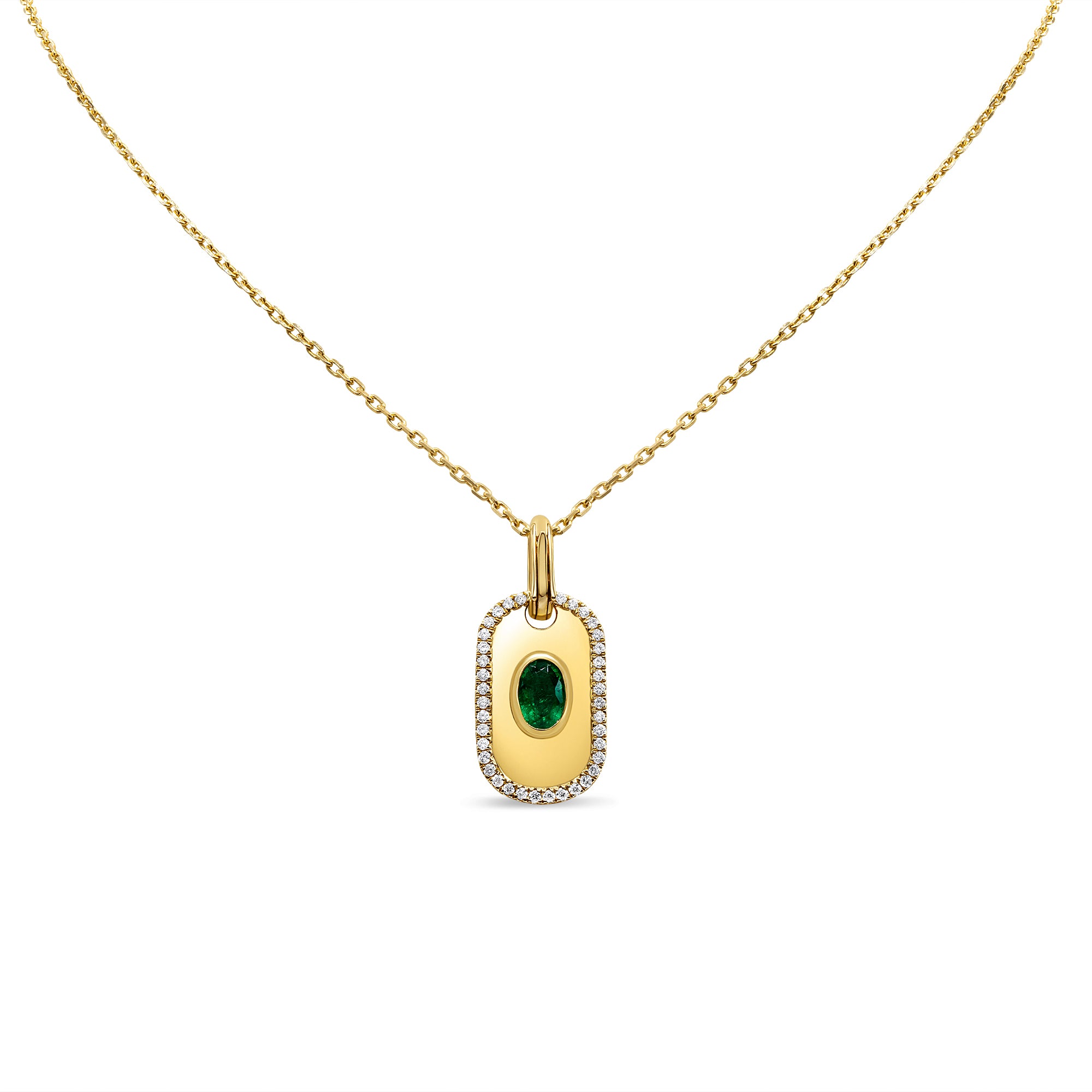 Green emerald and diamond charm in 14K yellow gold featuring an emerald center with a round diamond halo in an elegant, vibrant design.