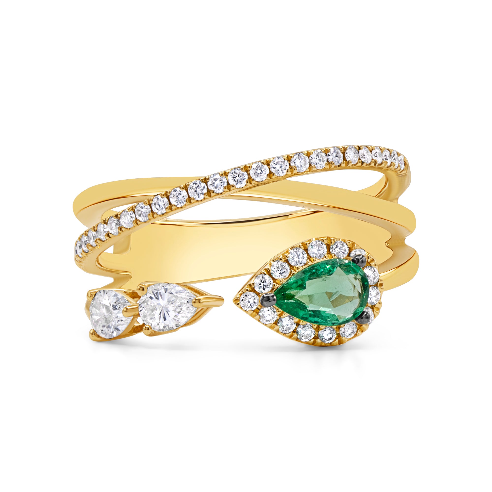 14K gold X crossover ring featuring a pear-shaped green emerald with round and pear diamond accents.