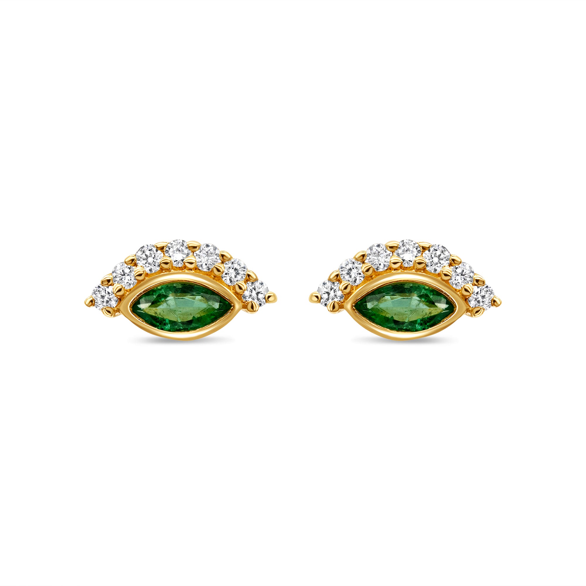 Green eye stud earrings in 14K gold featuring emerald centers with round diamond accents in a chic, modern design.