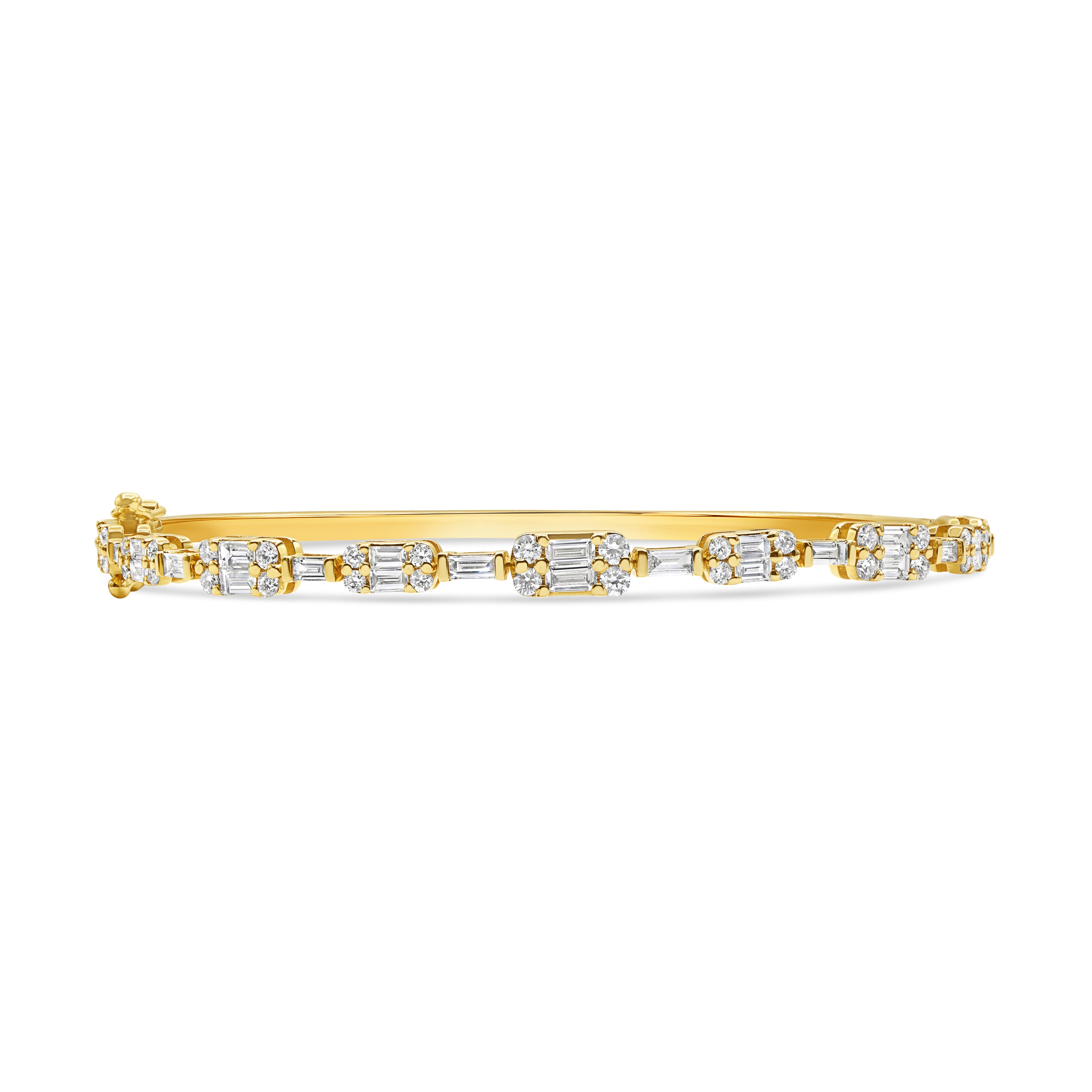 14K gold oval bangle featuring illusion-set baguette and round diamonds in a sleek modern design.