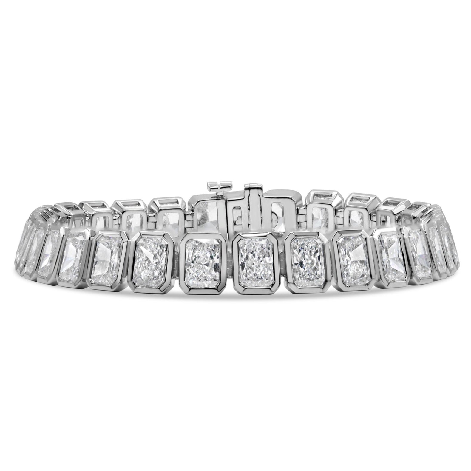 Lab grown bezel radiant cut diamond tennis bracelet in 14K white gold featuring radiant cut diamonds in a sleek bezel-set design.