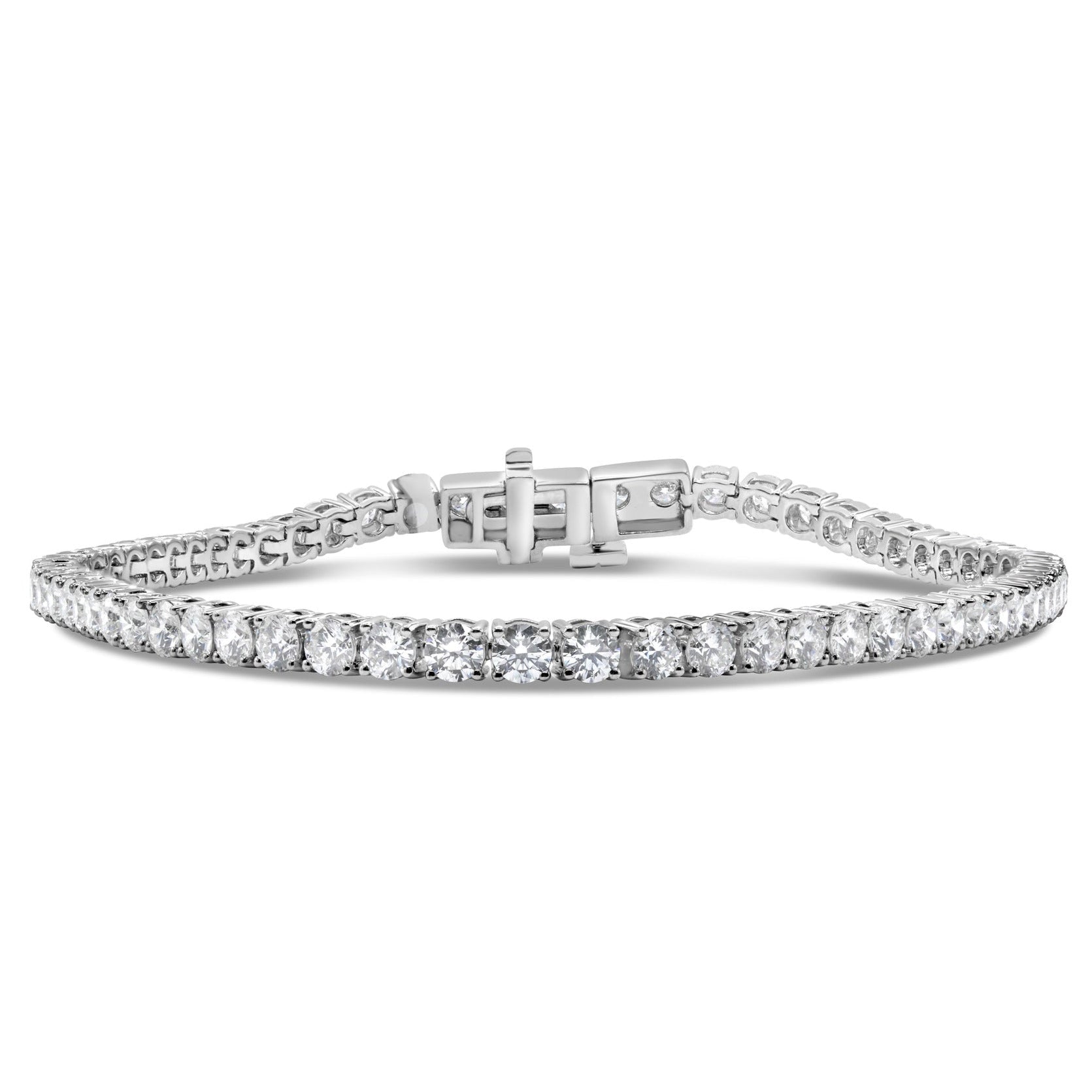 Lab grown mini round cut diamond tennis bracelet in 14K white gold featuring round brilliant diamonds in a delicate tennis design.