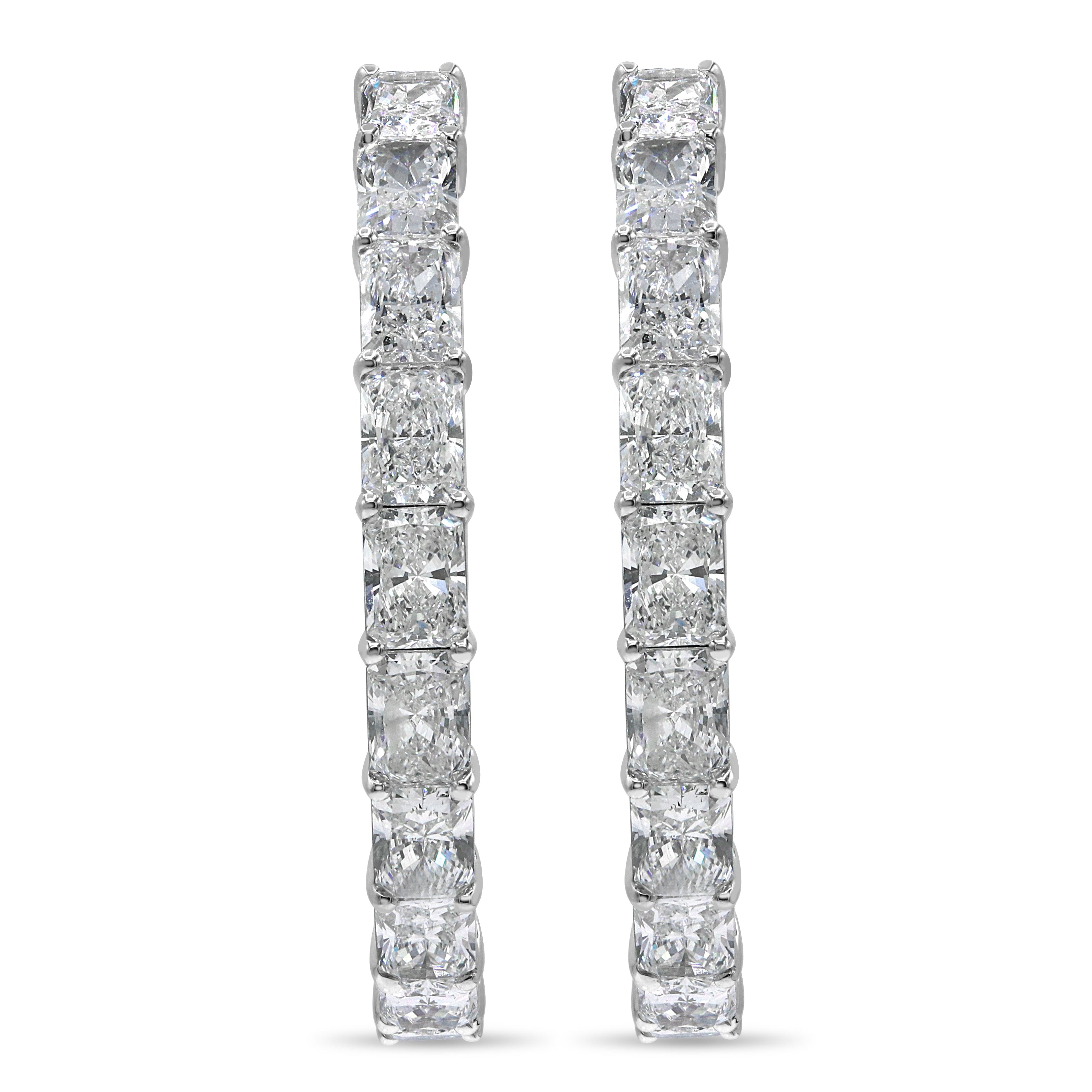 14K white gold hoop earrings featuring lab grown radiant cut diamonds with F color and VS2 clarity.