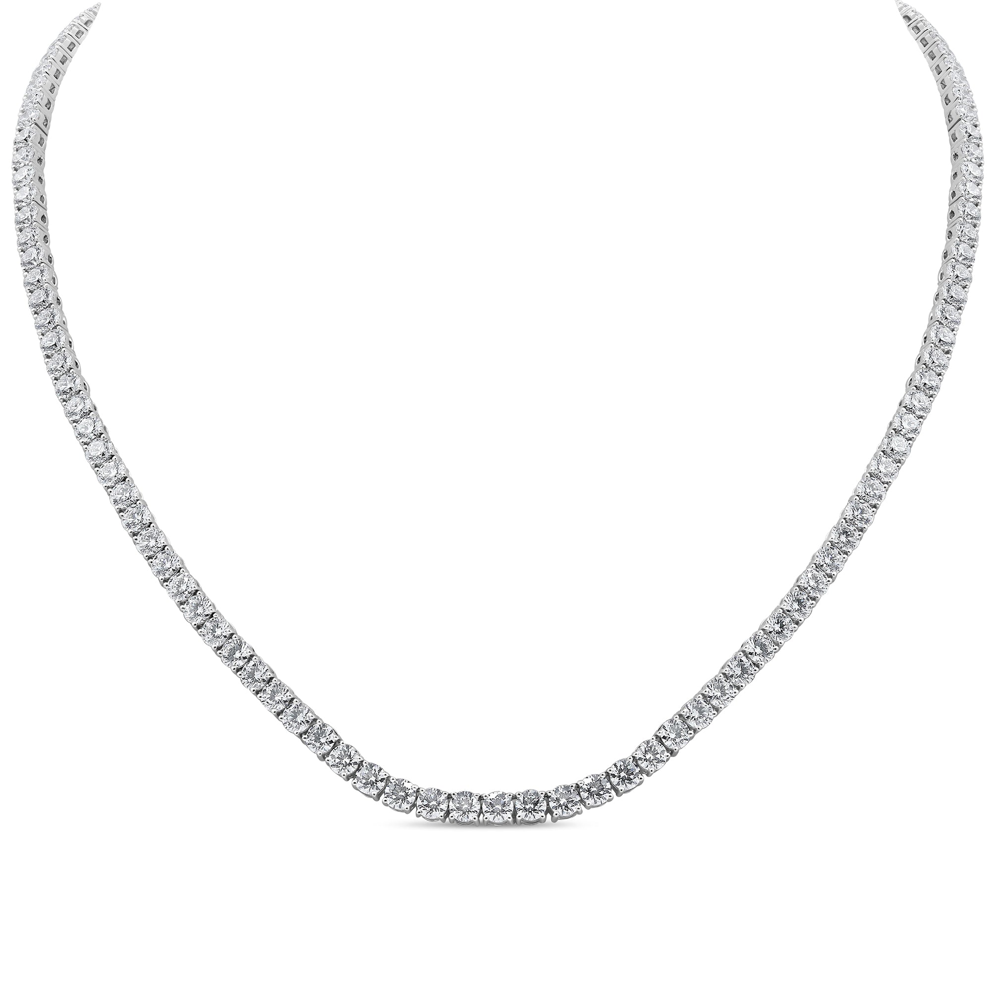 Lab grown round diamond necklace in 14K white gold featuring E color VS1 clarity diamonds in a classic tennis-style design.