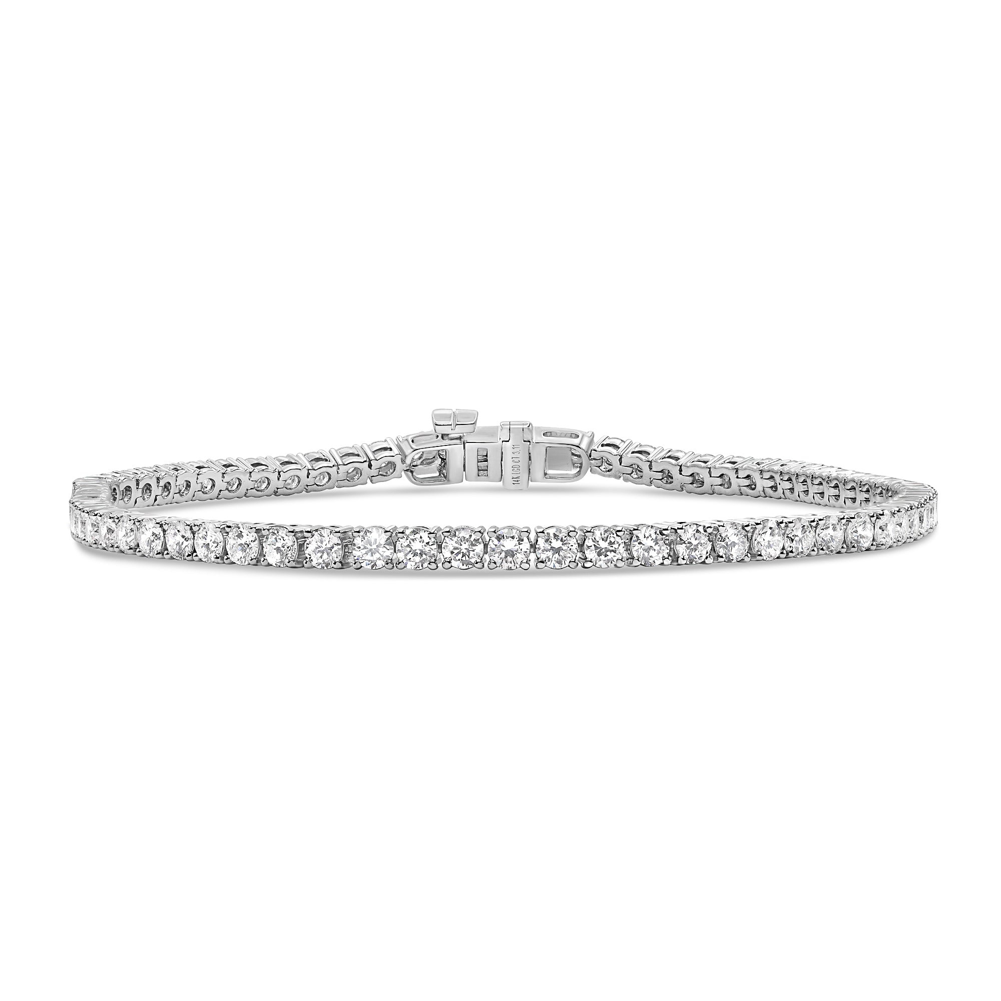 Lab grown round diamond tennis bracelet in 14K white gold featuring E color VS1 clarity diamonds in a classic, timeless design.