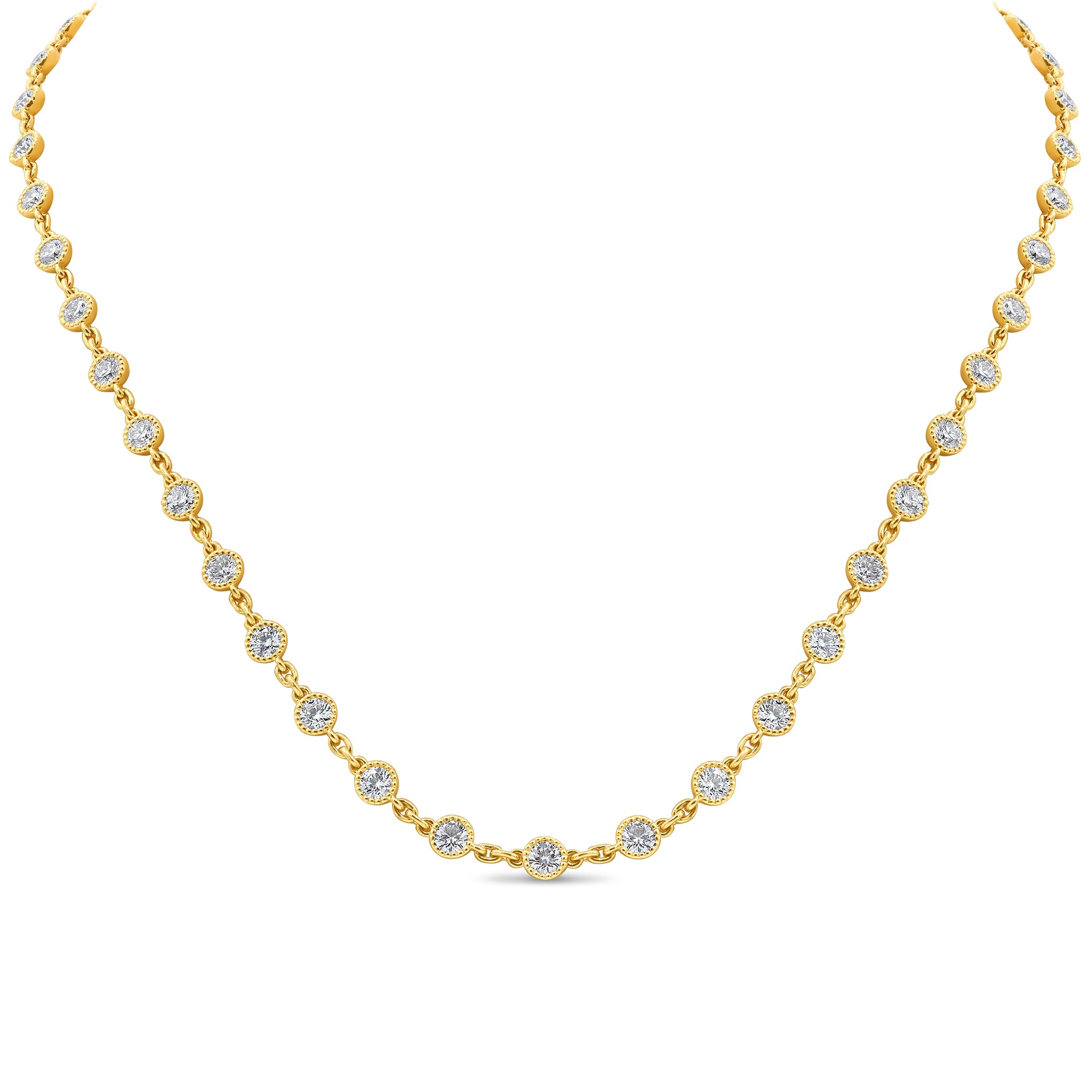 Lab grown round diamond necklace in 14K yellow gold featuring E color VS1 clarity diamonds in a classic tennis-style design.