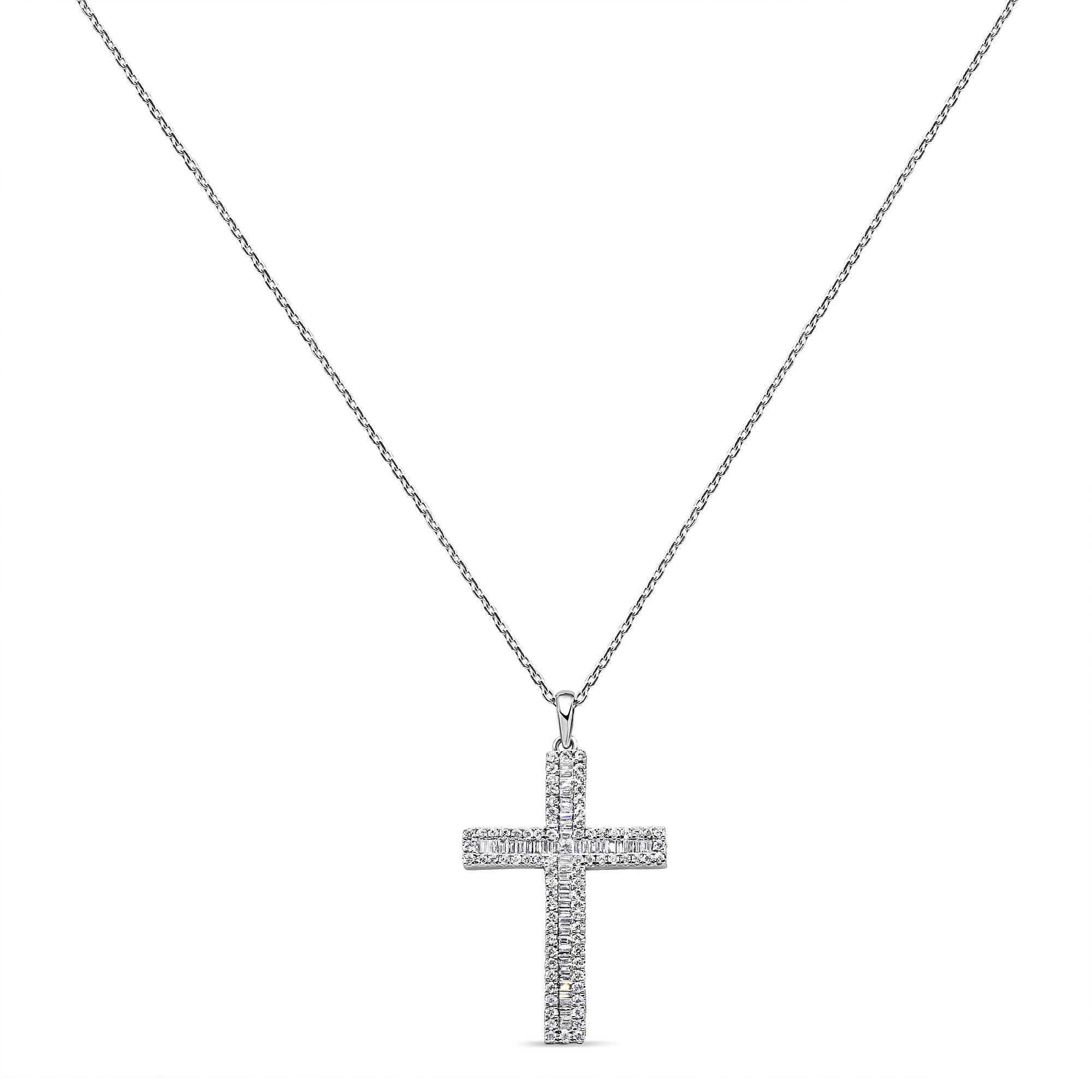 Large diamond cross necklace in 14K gold featuring princess cut, baguette, and round brilliant diamonds in a bold, timeless design.