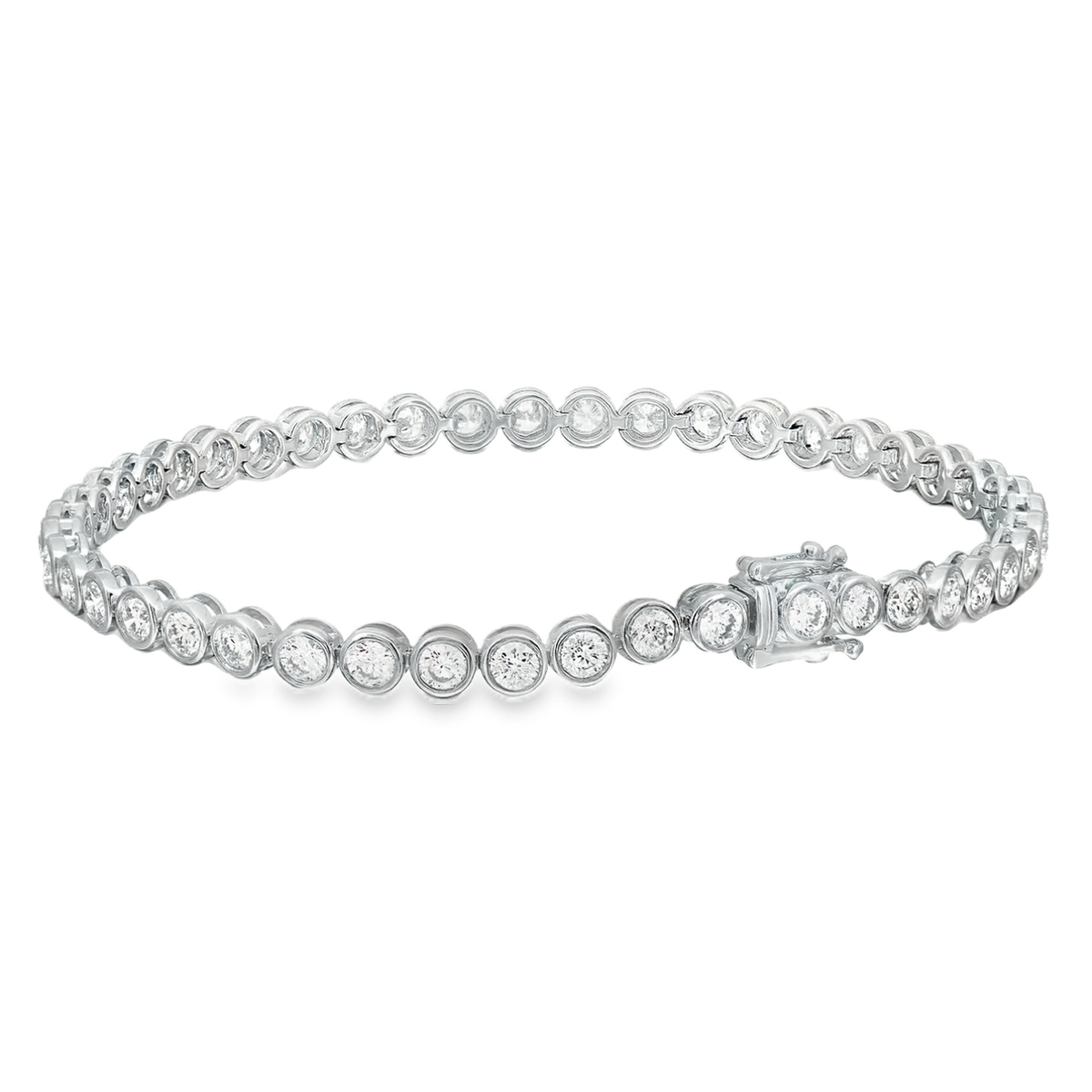 Round bezel-set diamond bracelet crafted in 18K white gold with a sleek, sophisticated design.