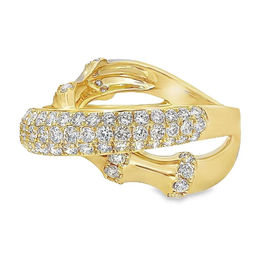 18K yellow gold diamond crossover ring with pavé diamonds and a bold bamboo-inspired silhouette.