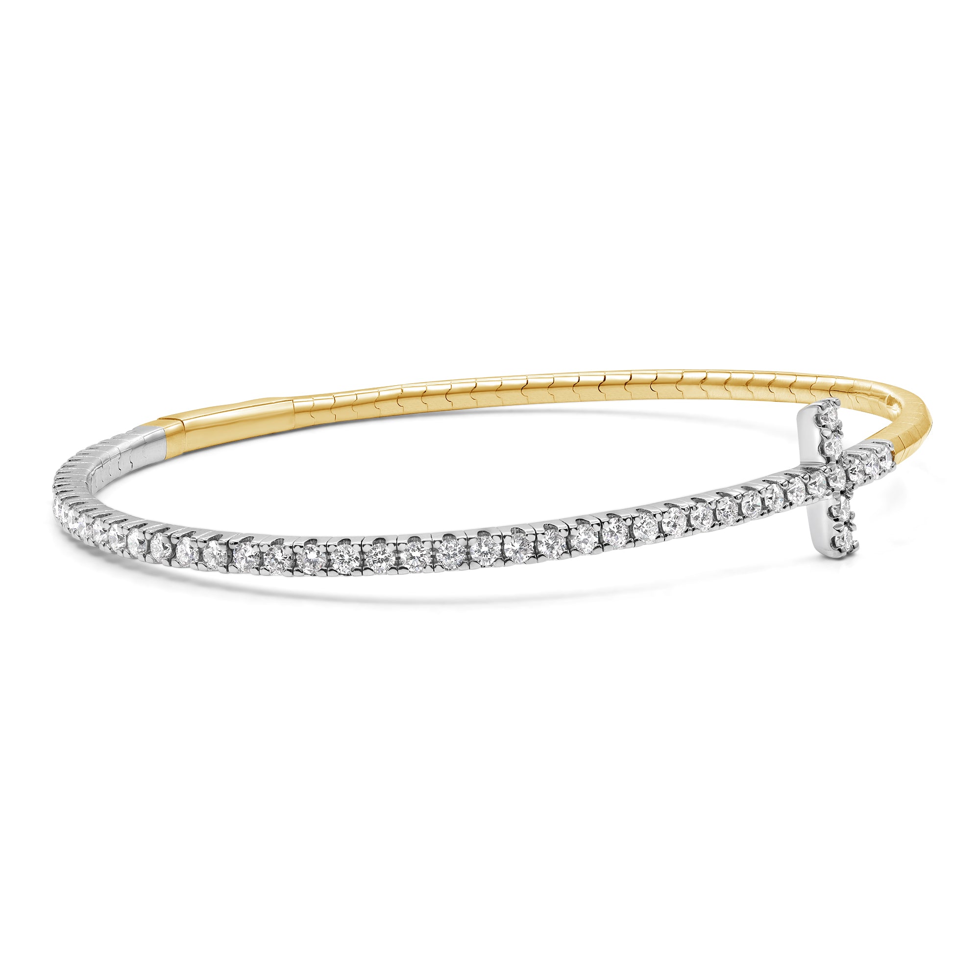 14K two-tone gold flexible bangle featuring a horizontal diamond cross with lab grown round diamonds.