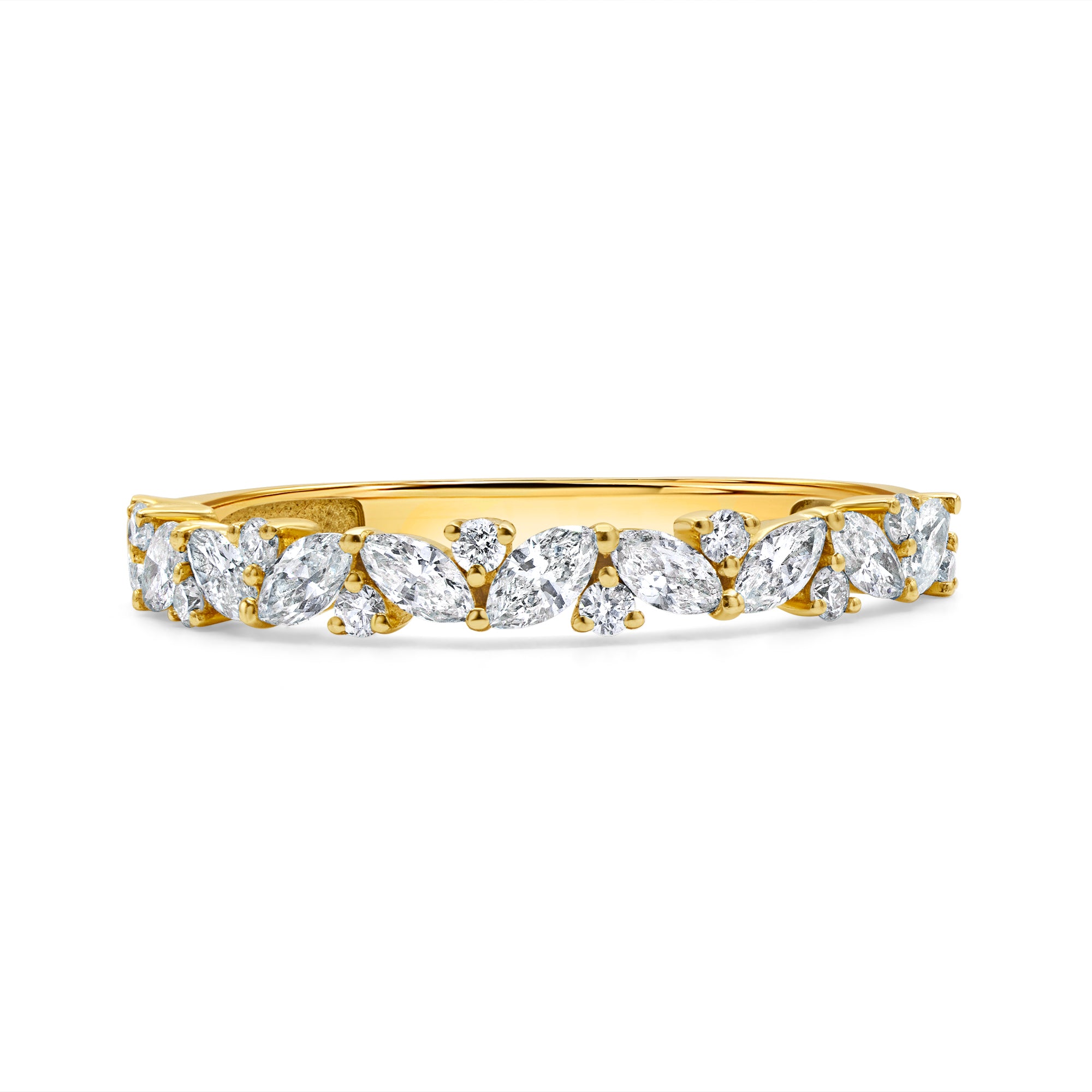 14K gold diamond band featuring alternating marquise and round lab-grown diamonds in a timeless design.