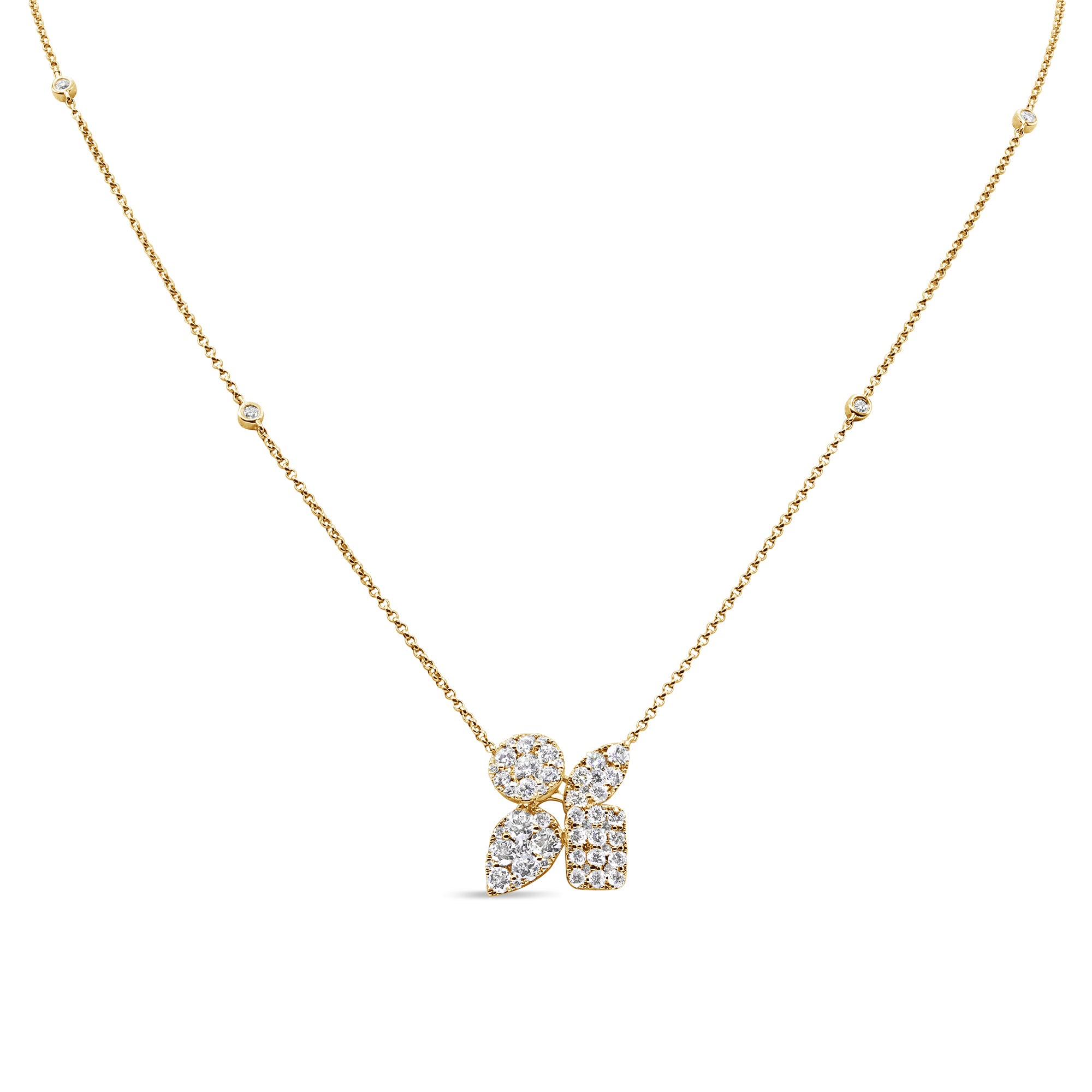 Multi shape cluster diamond pendant in 14K yellow gold featuring round brilliant diamonds in a bold pavé-style design.