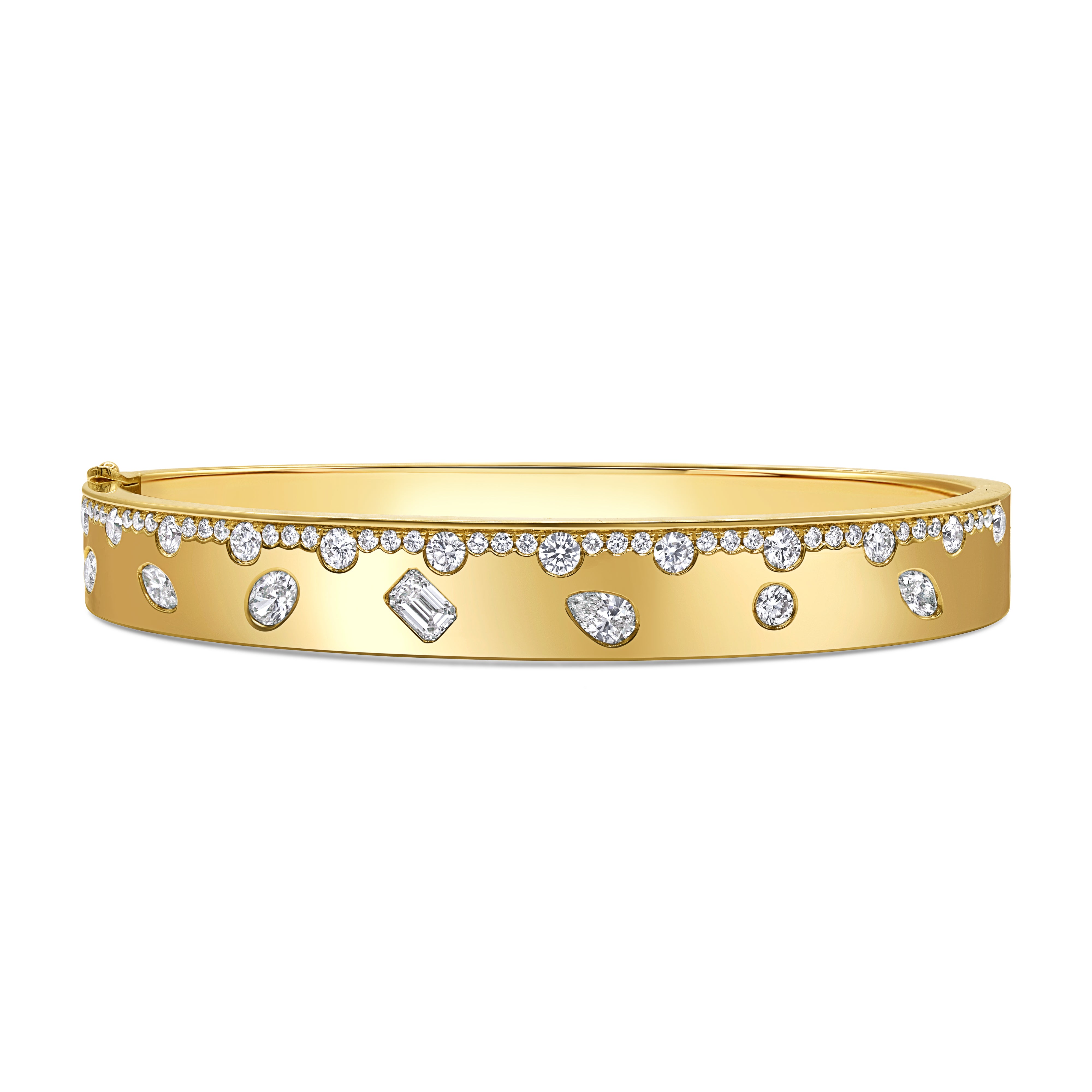 18K yellow gold bangle featuring scattered natural diamonds in a bold, refined statement design.