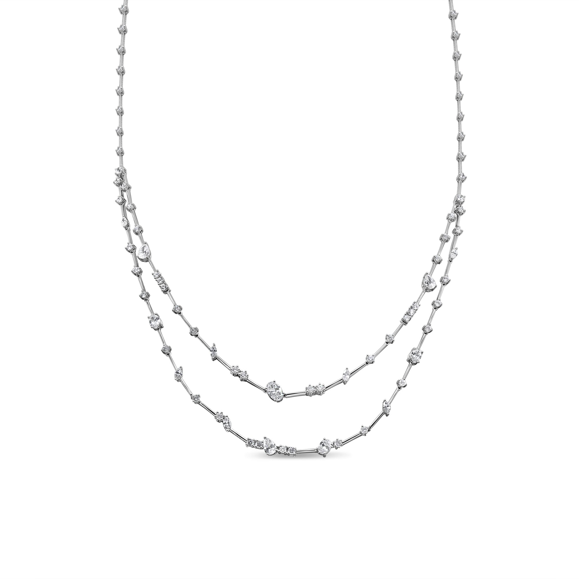 Multi-shape diamond necklace in 14K gold featuring marquise, pear, and round diamonds in a modern layered design.