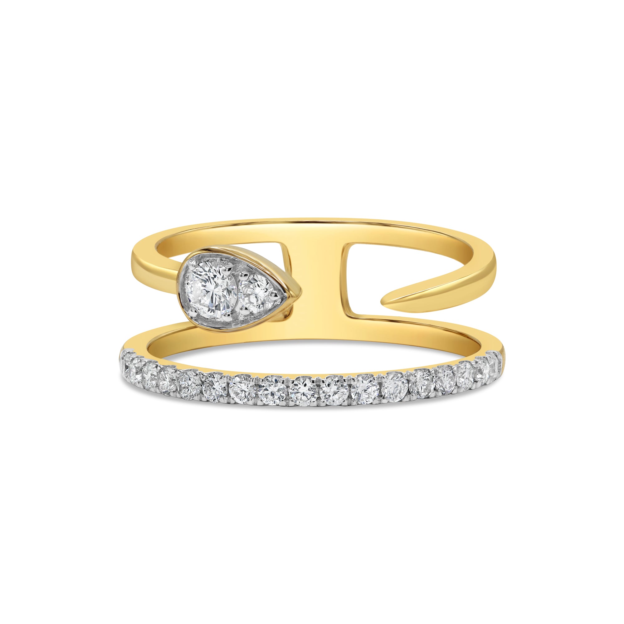 14K yellow gold open wrap ring featuring a pear-shaped illusion design with sparkling round diamonds.