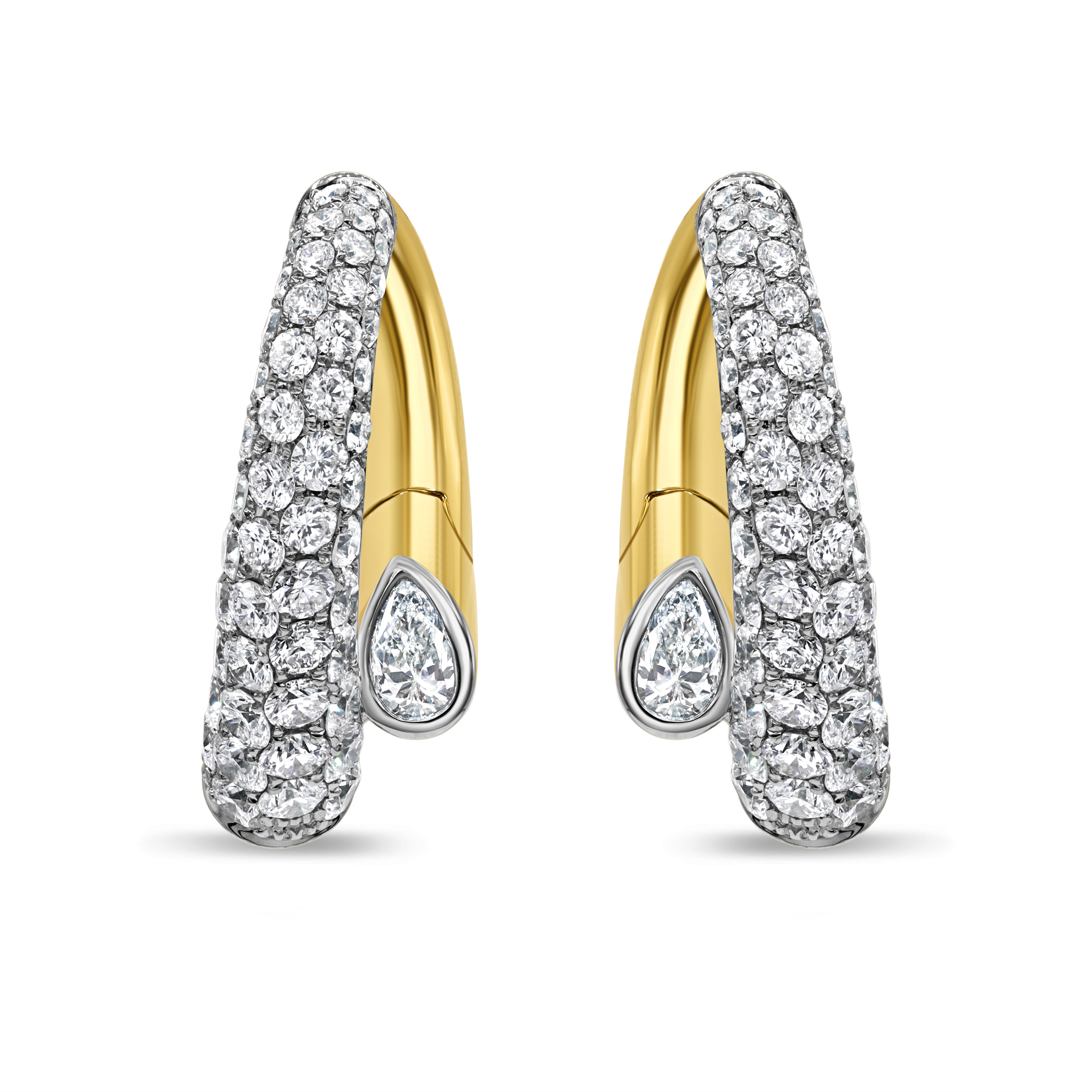 Pavé diamond hoop earrings in 18K two-tone gold featuring bezel-set pear-shaped diamonds and round brilliant diamonds in a refined statement design.