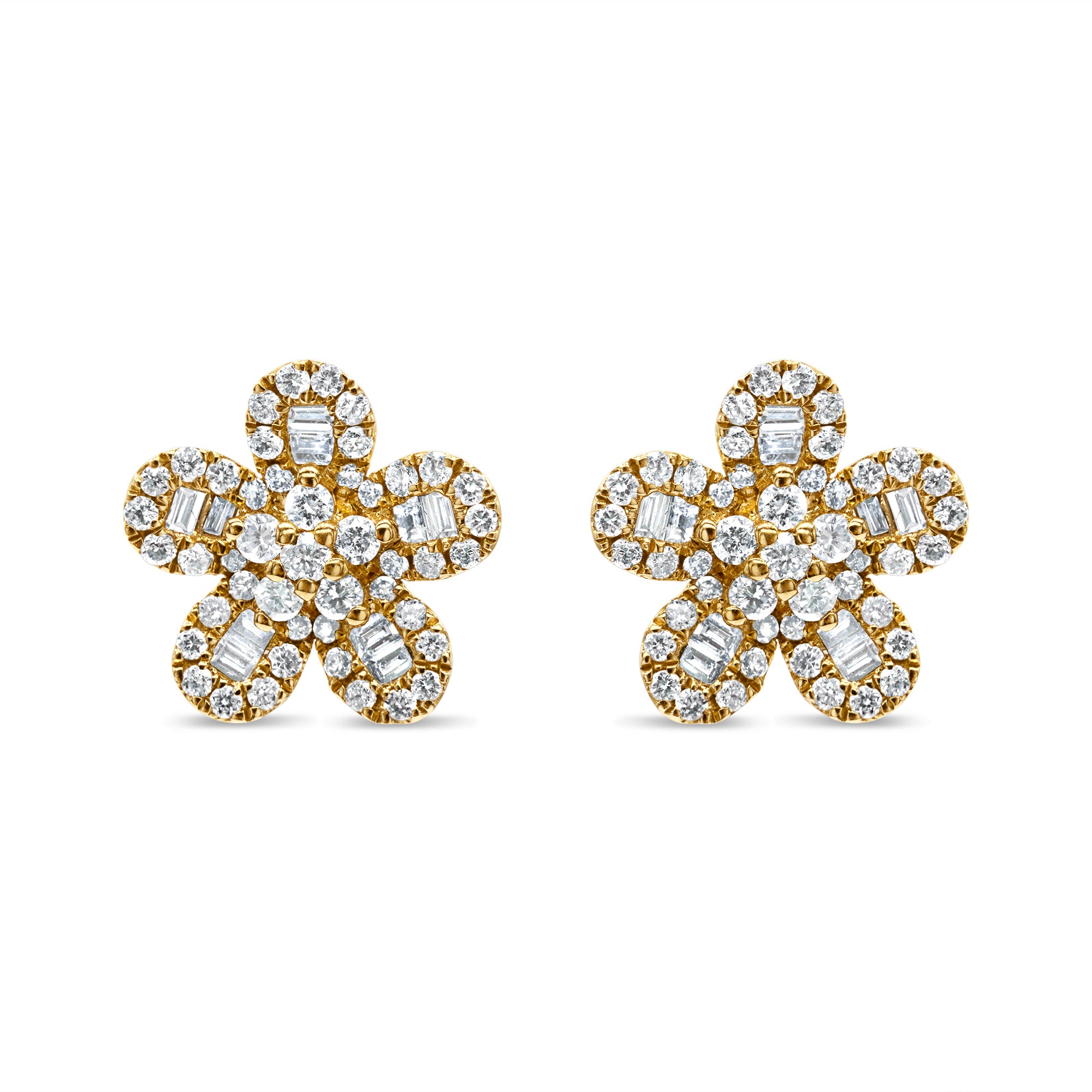 Petite flower diamond stud earrings in 14K gold featuring baguette and round diamonds in a feminine, timeless design.