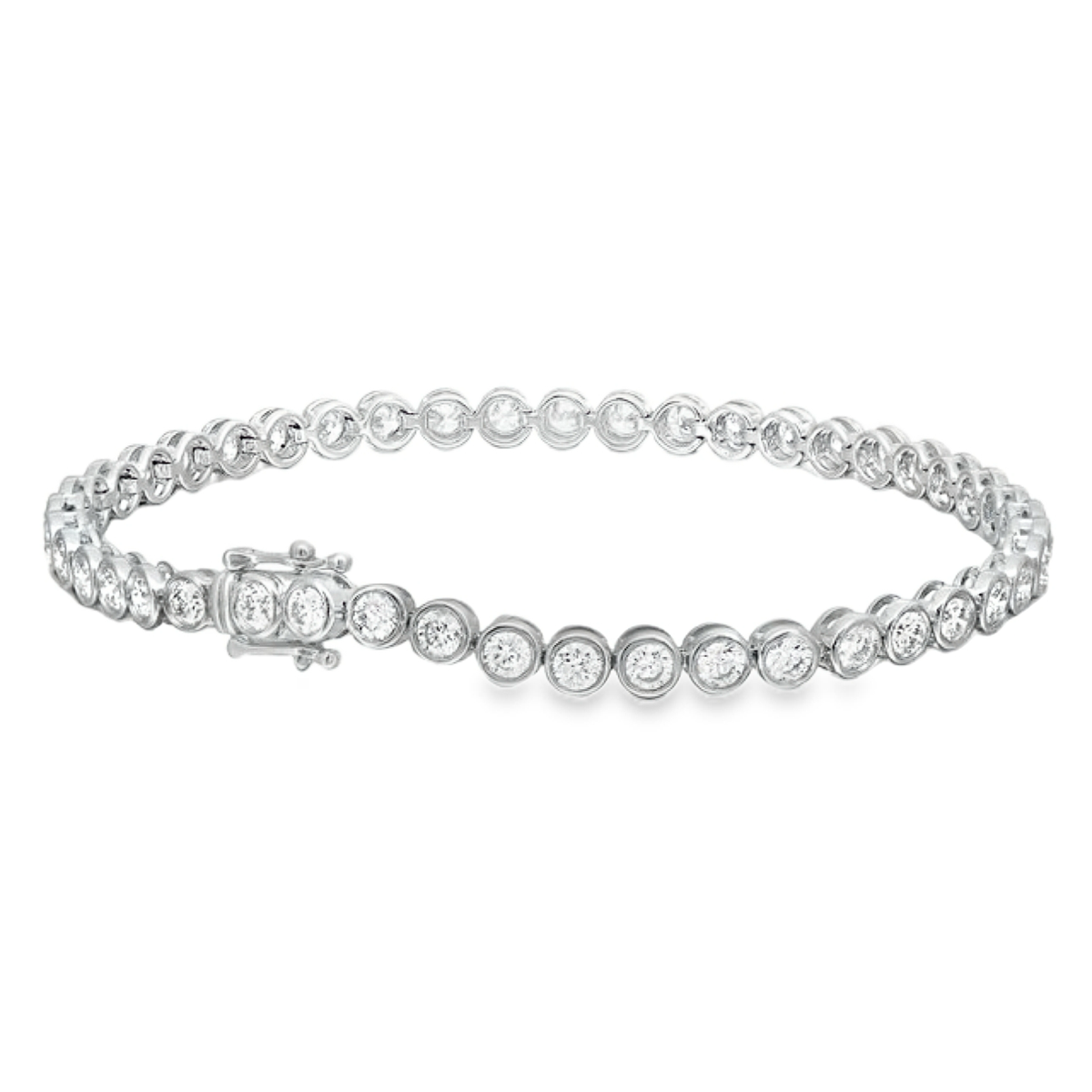 18K white gold bezel-set diamond bracelet featuring round diamonds totaling 4.00 carats.