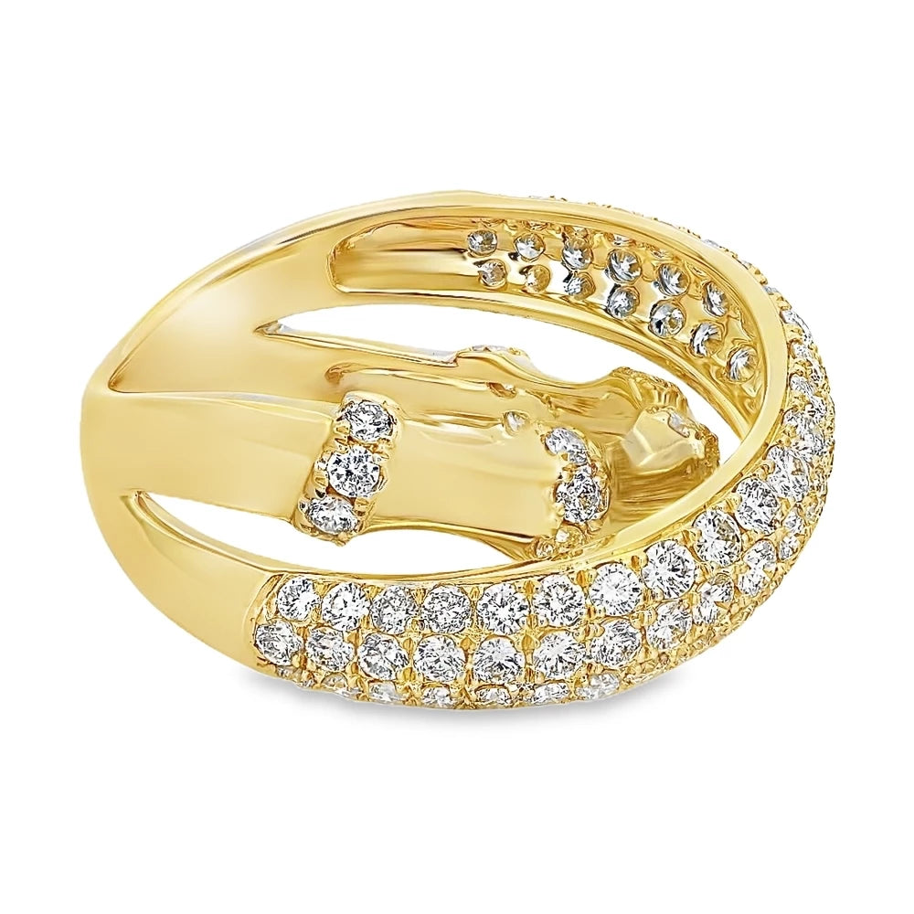 18K yellow gold bamboo-inspired crossover ring with pavé-set diamond detailing.