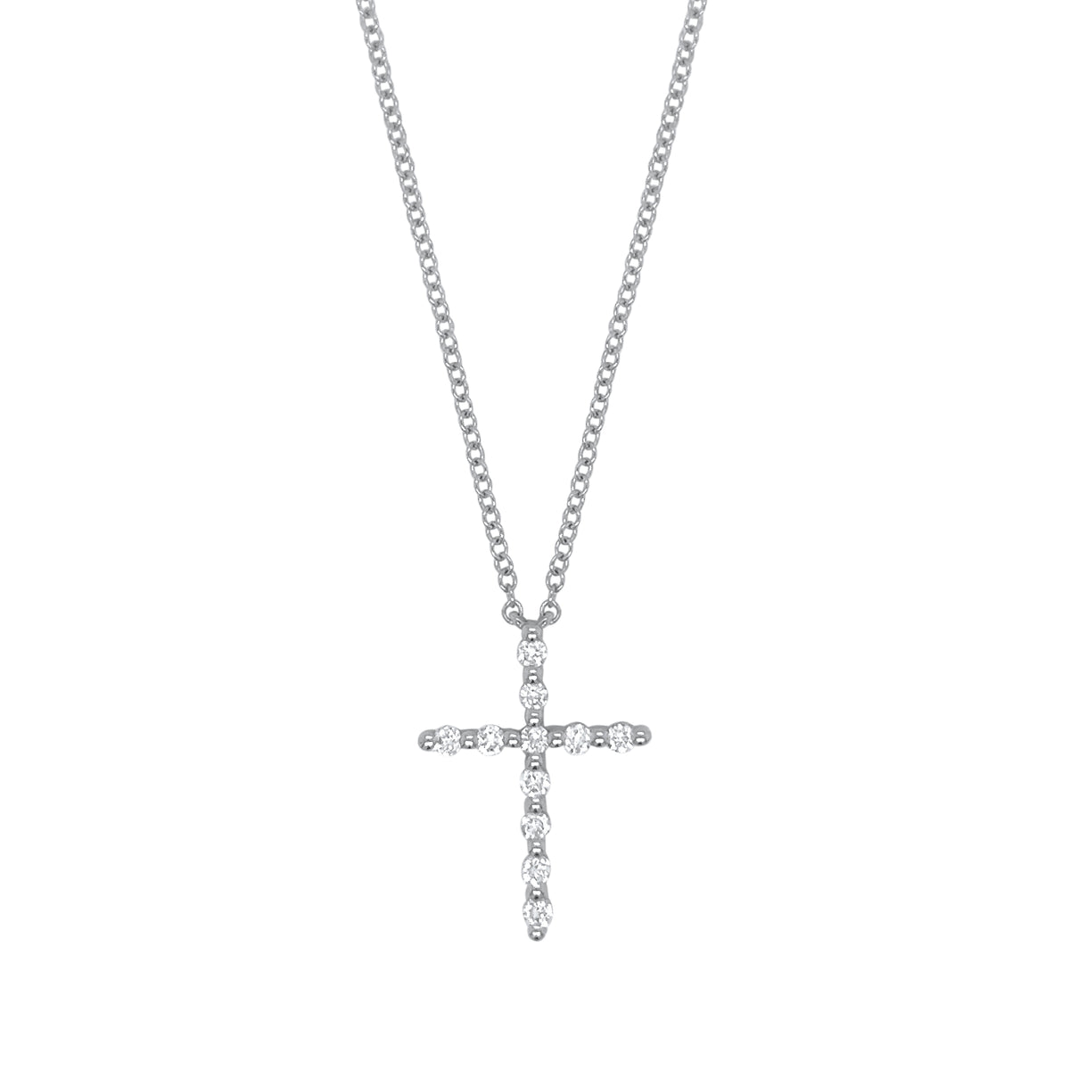 14K gold cross pendant necklace featuring 11 round brilliant diamonds totaling 0.16 carats on an 18-inch chain.