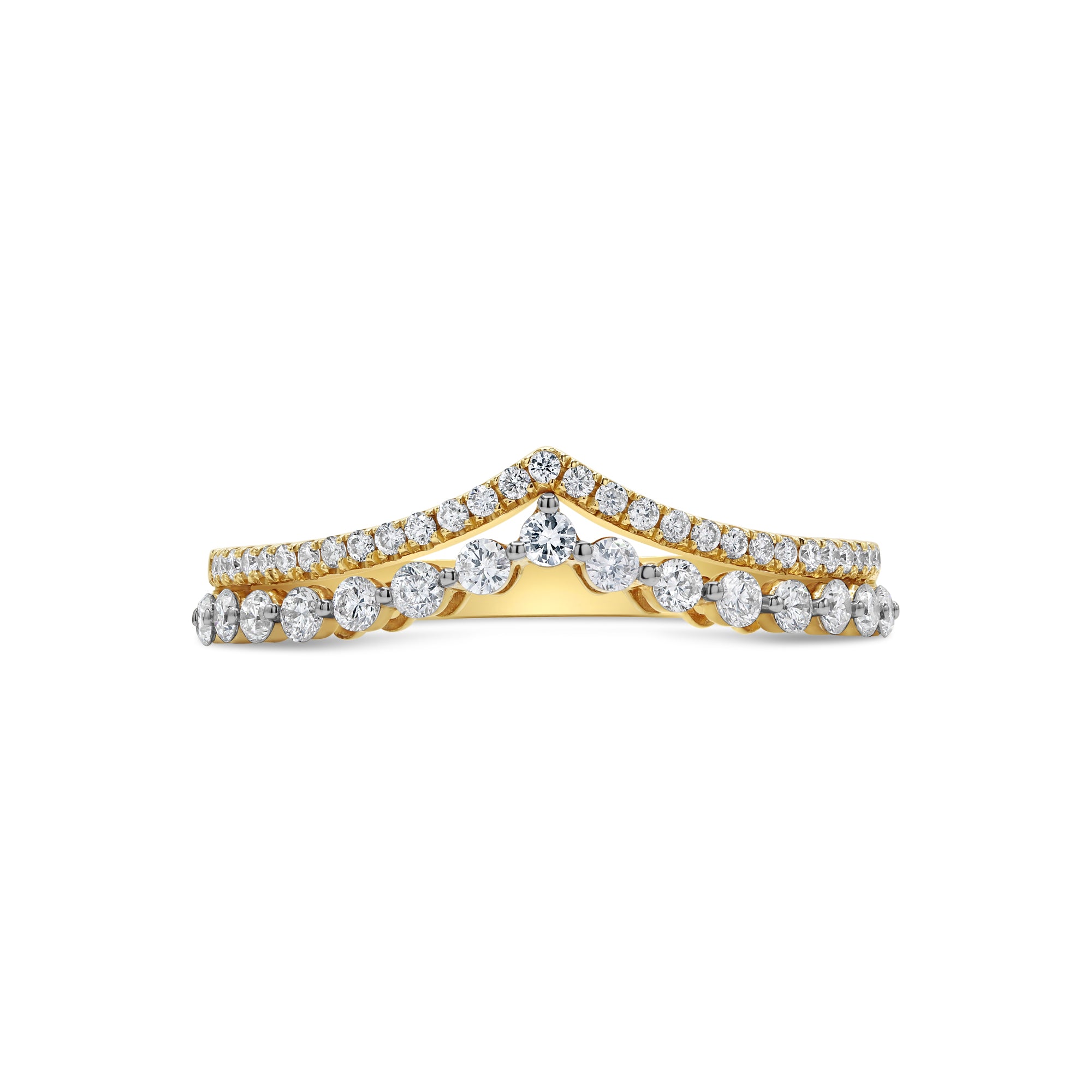 14K yellow gold tiara ring featuring two rows of sparkling round diamonds in a crown-inspired silhouette.