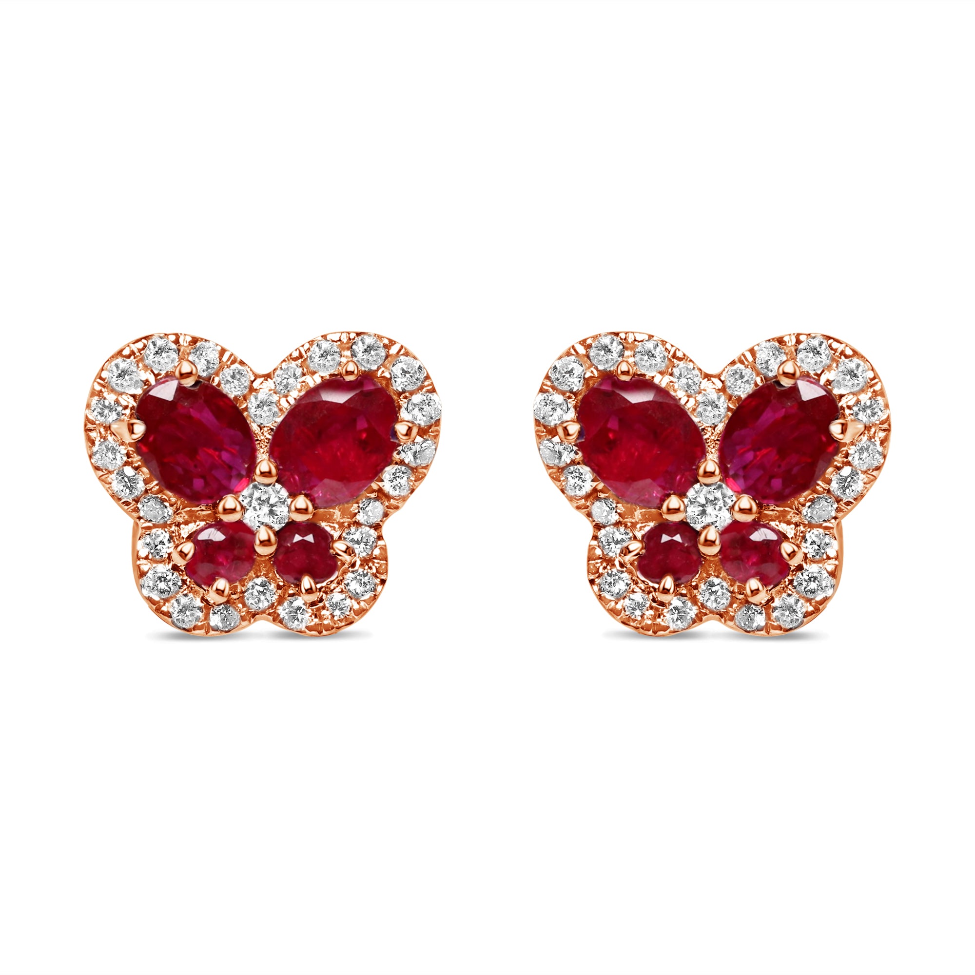 18K rose gold butterfly stud earrings featuring rich ruby gemstones and sparkling round diamond accents.
