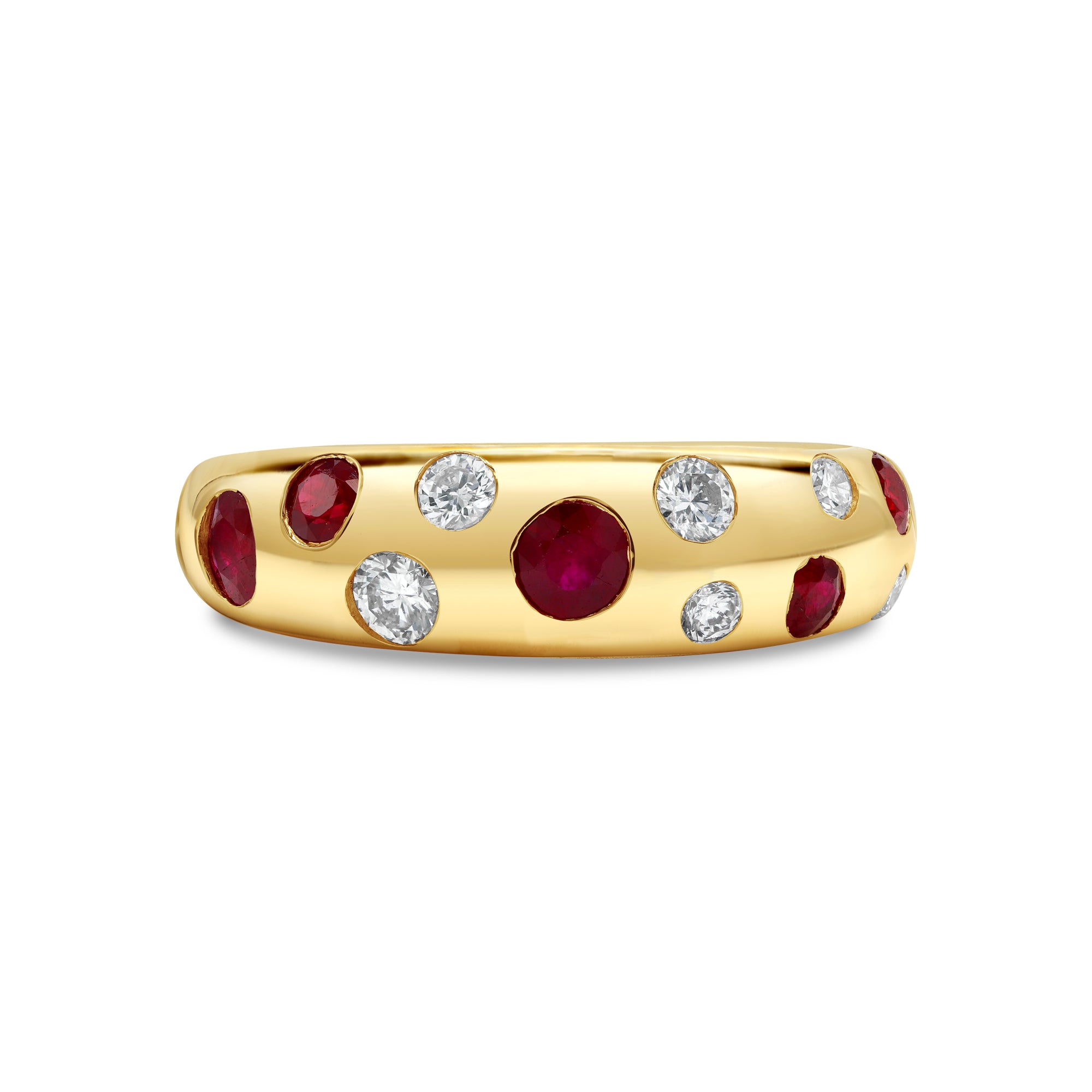 14K gold dome ring featuring natural rubies and round brilliant diamonds in a scattered inlay setting.